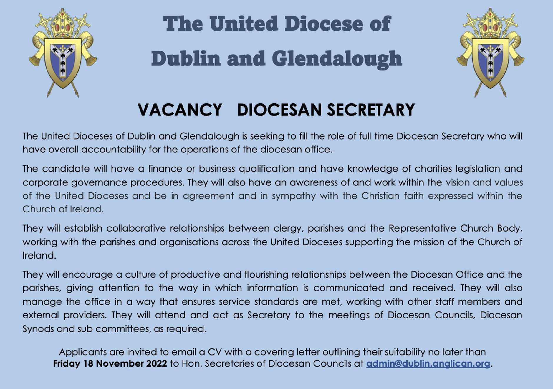 Vacancy – Diocesan Secretary – United Dioceses of Dublin and Glendalough