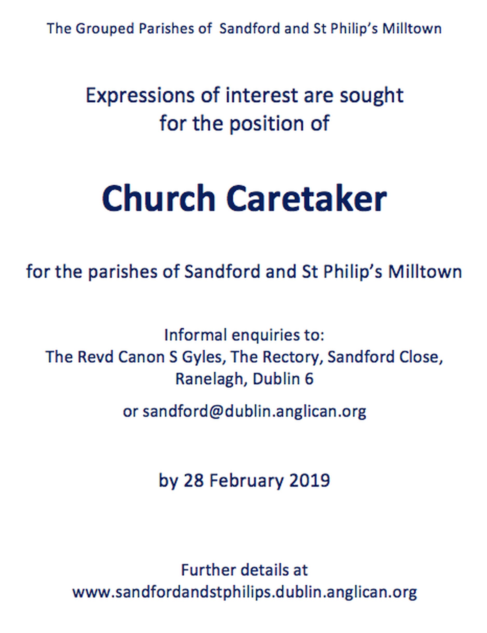 Vacancy &ndash; Church Caretaker &ndash; Parish of Sandford and St Philip&rsquo;s Milltown - The Grouped Parishes of Sandford and St Philip&rsquo;s Milltown are looking for a church caretaker.