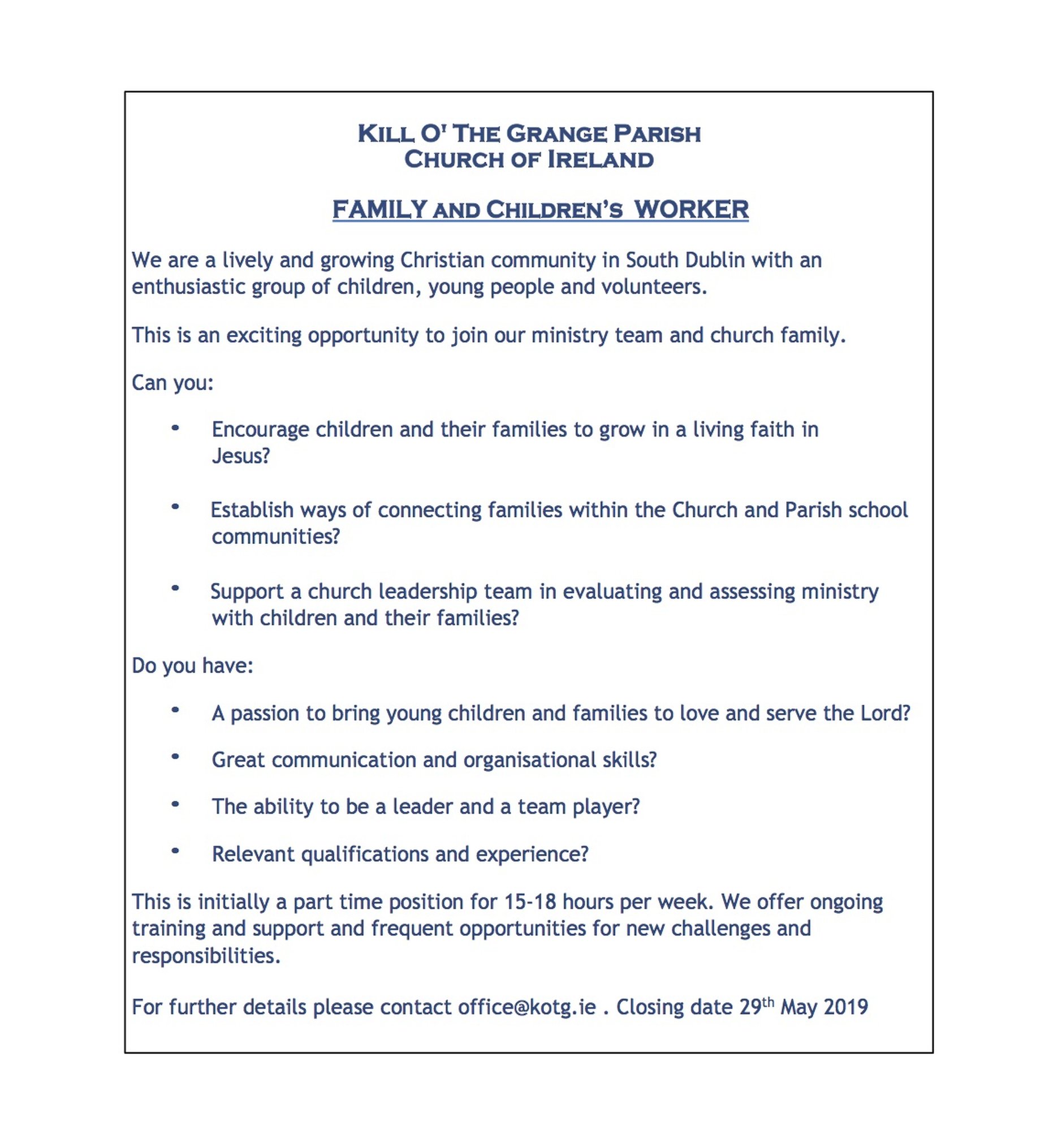 Vacancy &ndash; Family and Children&rsquo;s Worker &ndash; Kill O the Grange (Dublin)