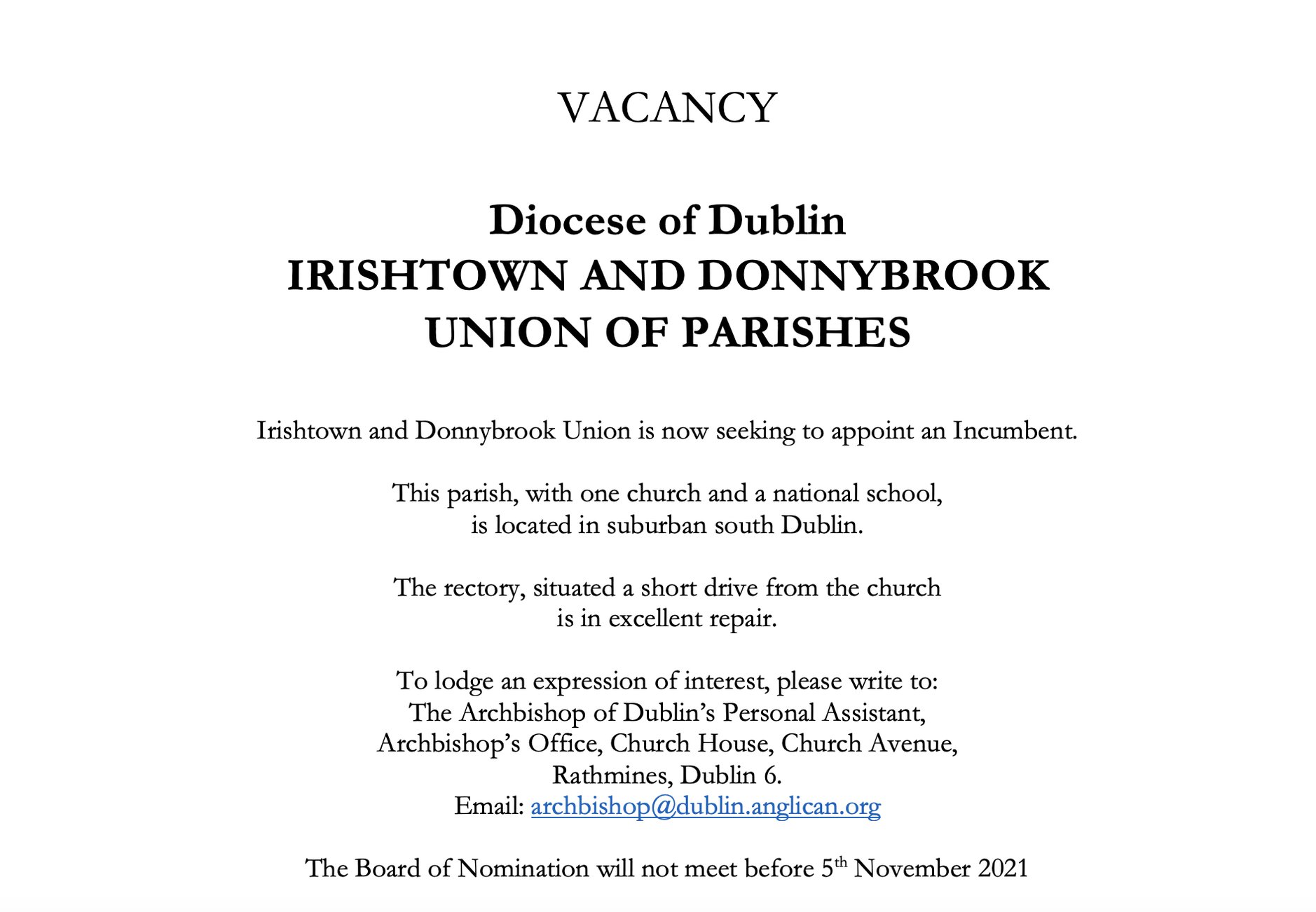 Vacancy – Irishtown and Donnybrook Union of Parishes – Diocese of Dublin - Board of Nomination will not meet before 5 November 2021