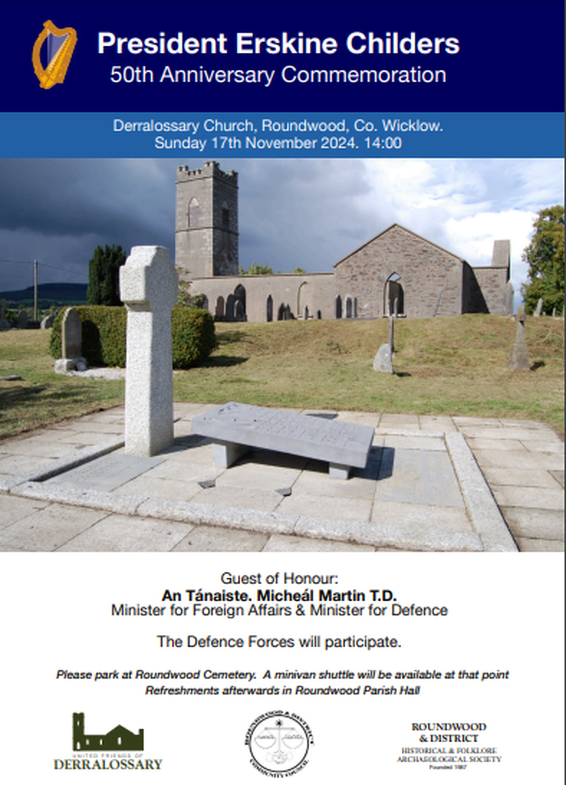 President Erskine Childers 50th Anniversary Commemoration - Sunday November 17 at Derralossary Church, Roundwood. 