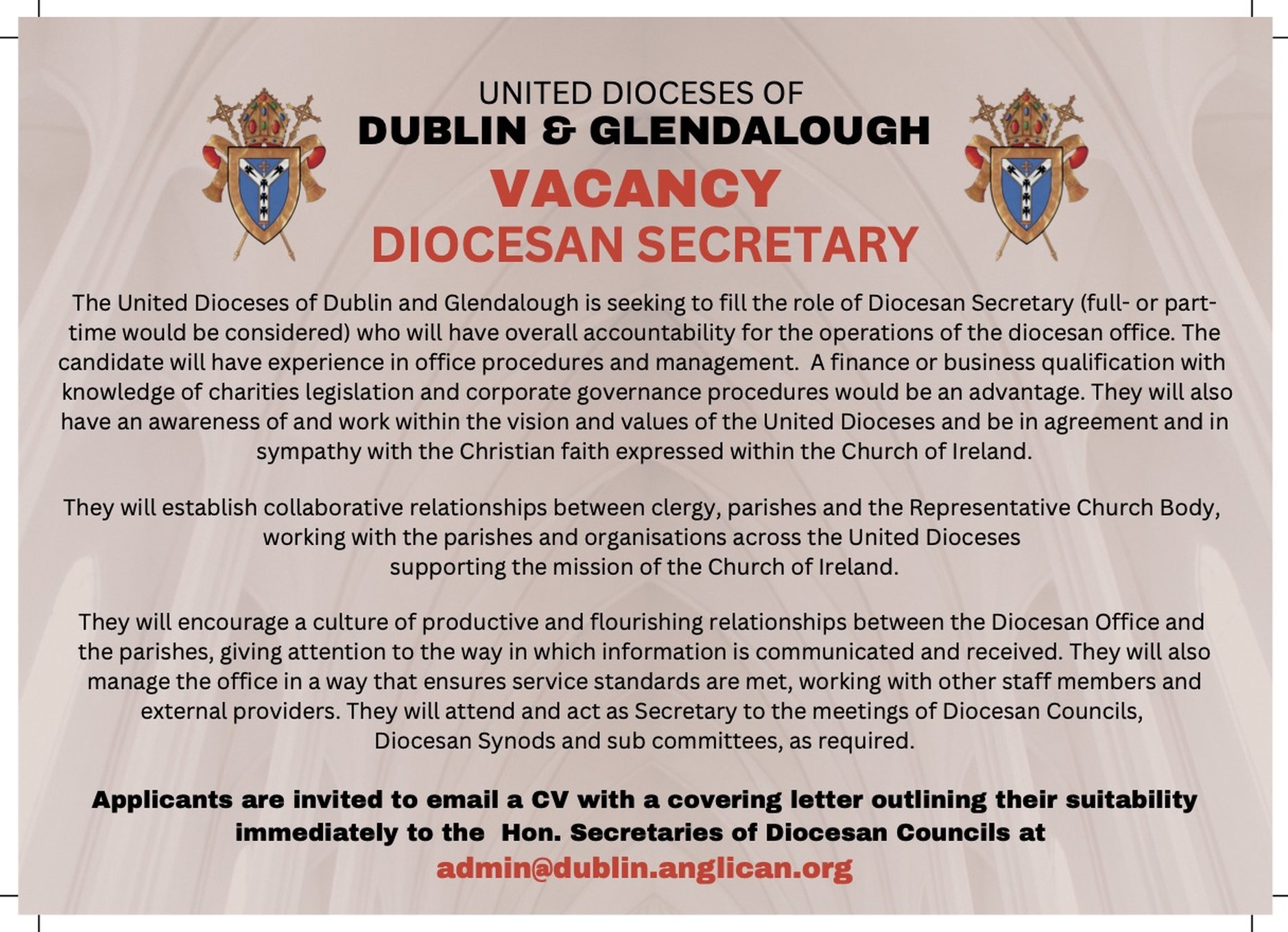 Vacancy – Diocesan Secretary – Dublin and Glendalough