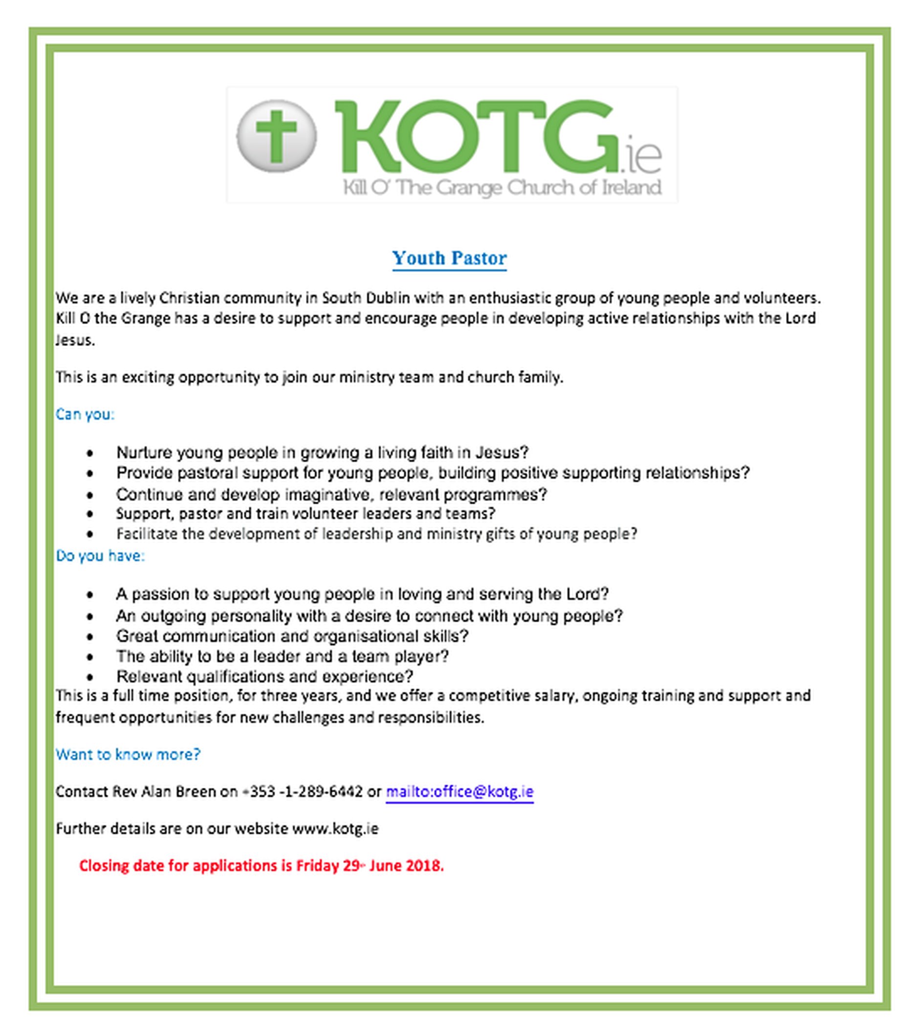 Vacancy &ndash; Youth Pastor &ndash; Parish of Kill O&rsquo; the Grange, Dublin