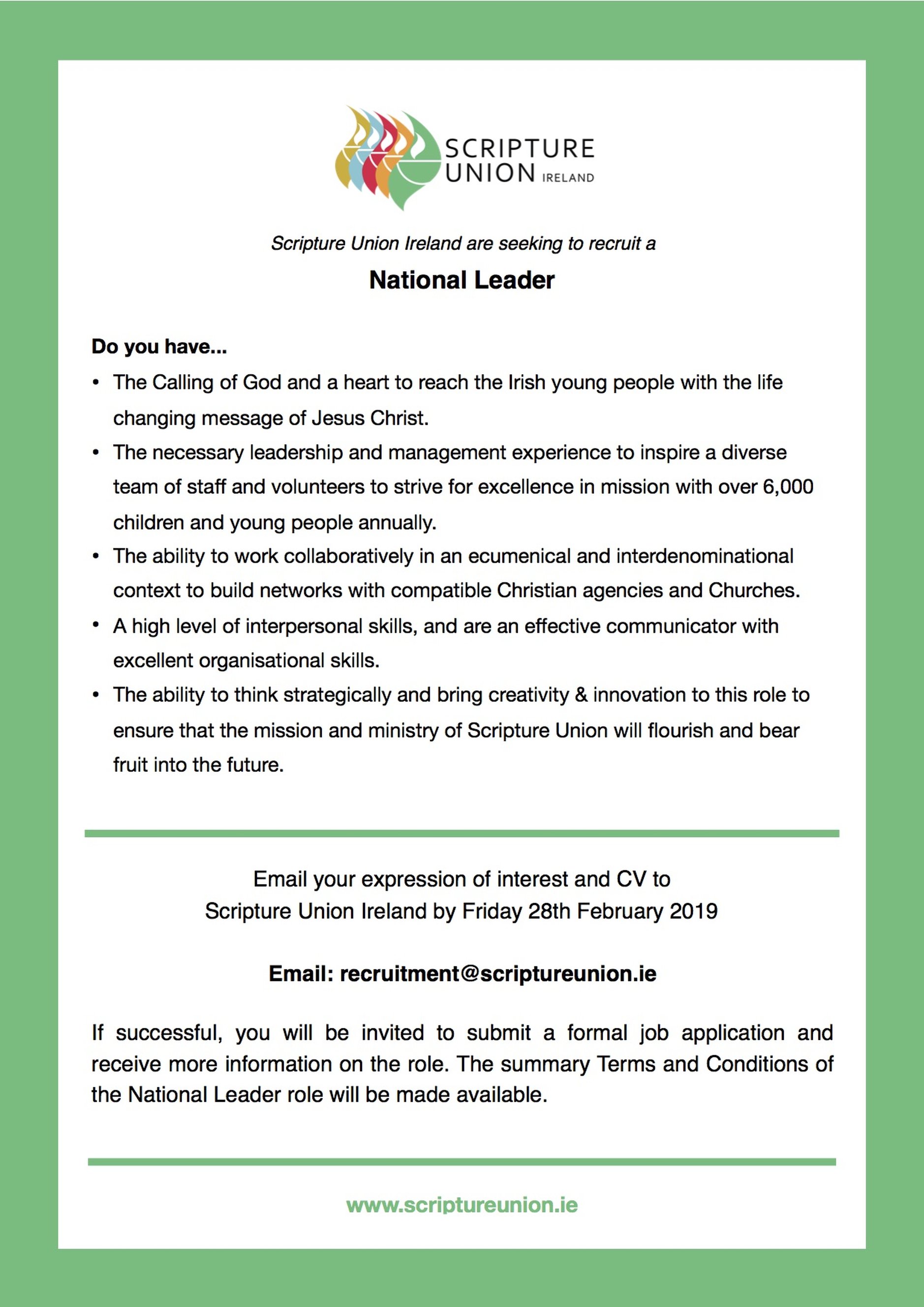 Vacancy &ndash; Scripture Union Ireland &ndash; National Leader - Scripture Union Ireland is seeking to recruit a national leader.