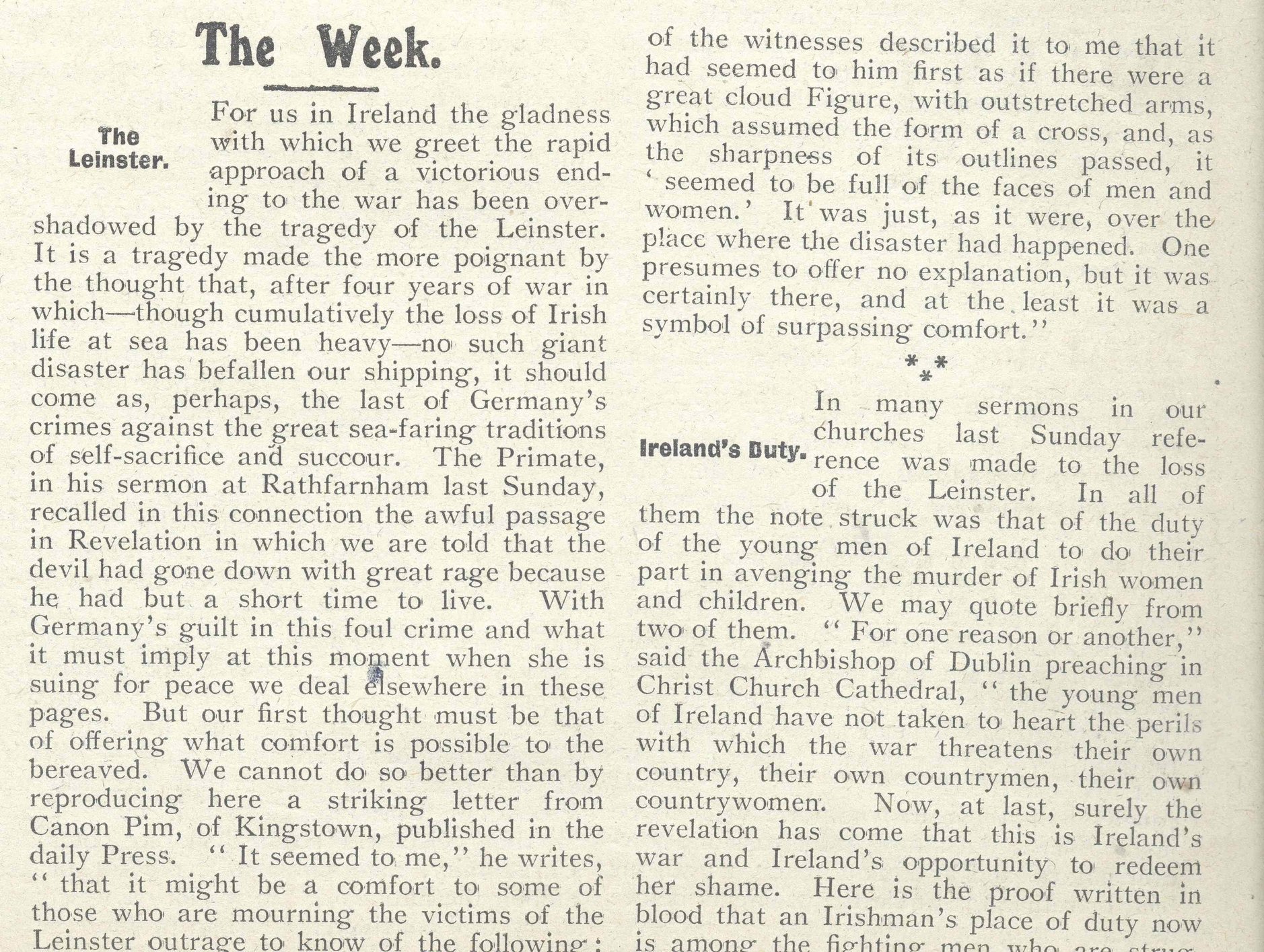 The Leinster Tragedy: Human Interest Stories brought to life by the Church of Ireland Gazette and Other Sources - RCB Library Archive of the Month October 2018.