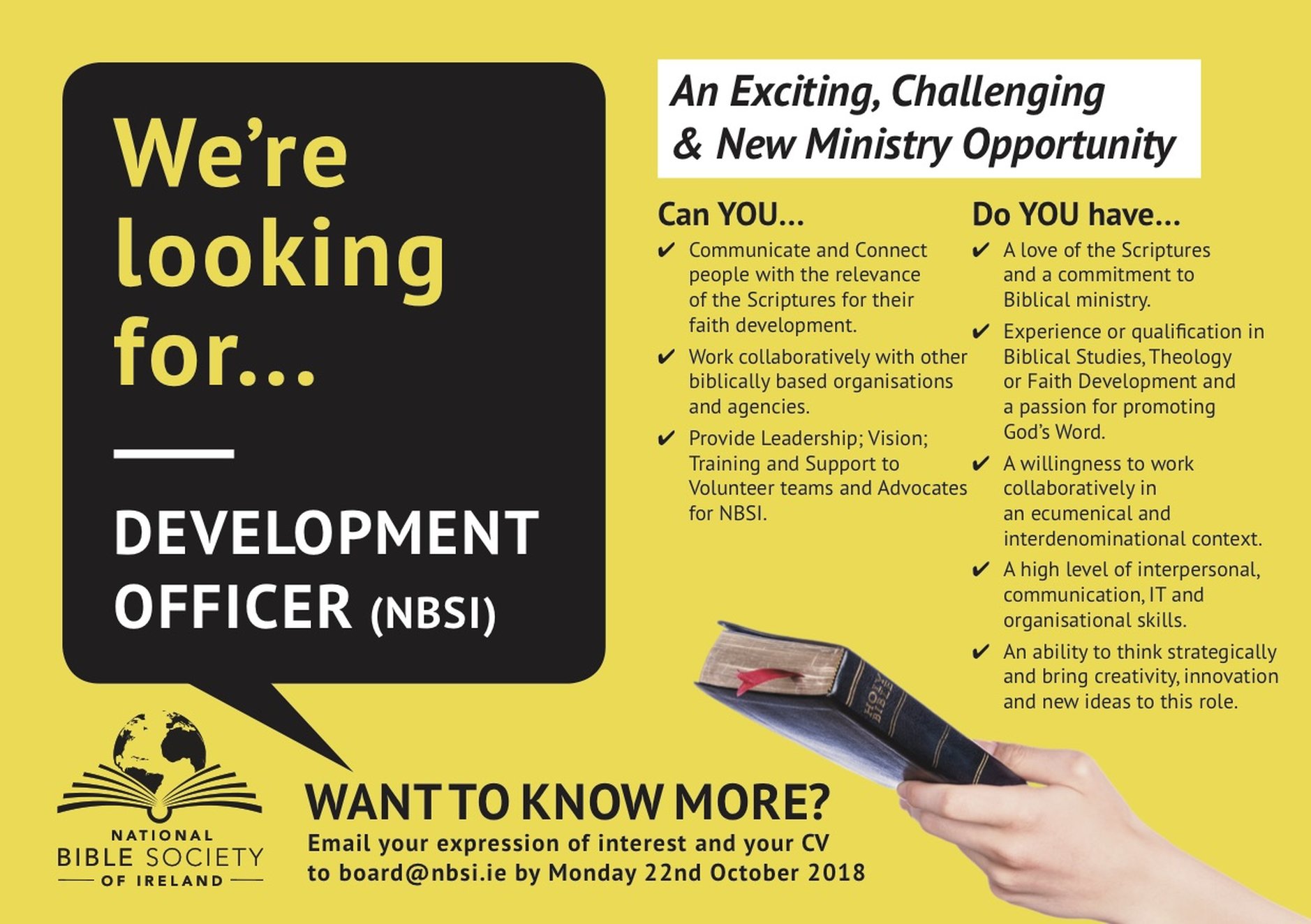 Vacancy &ndash; Development Officer &ndash; National Bible Society of Ireland