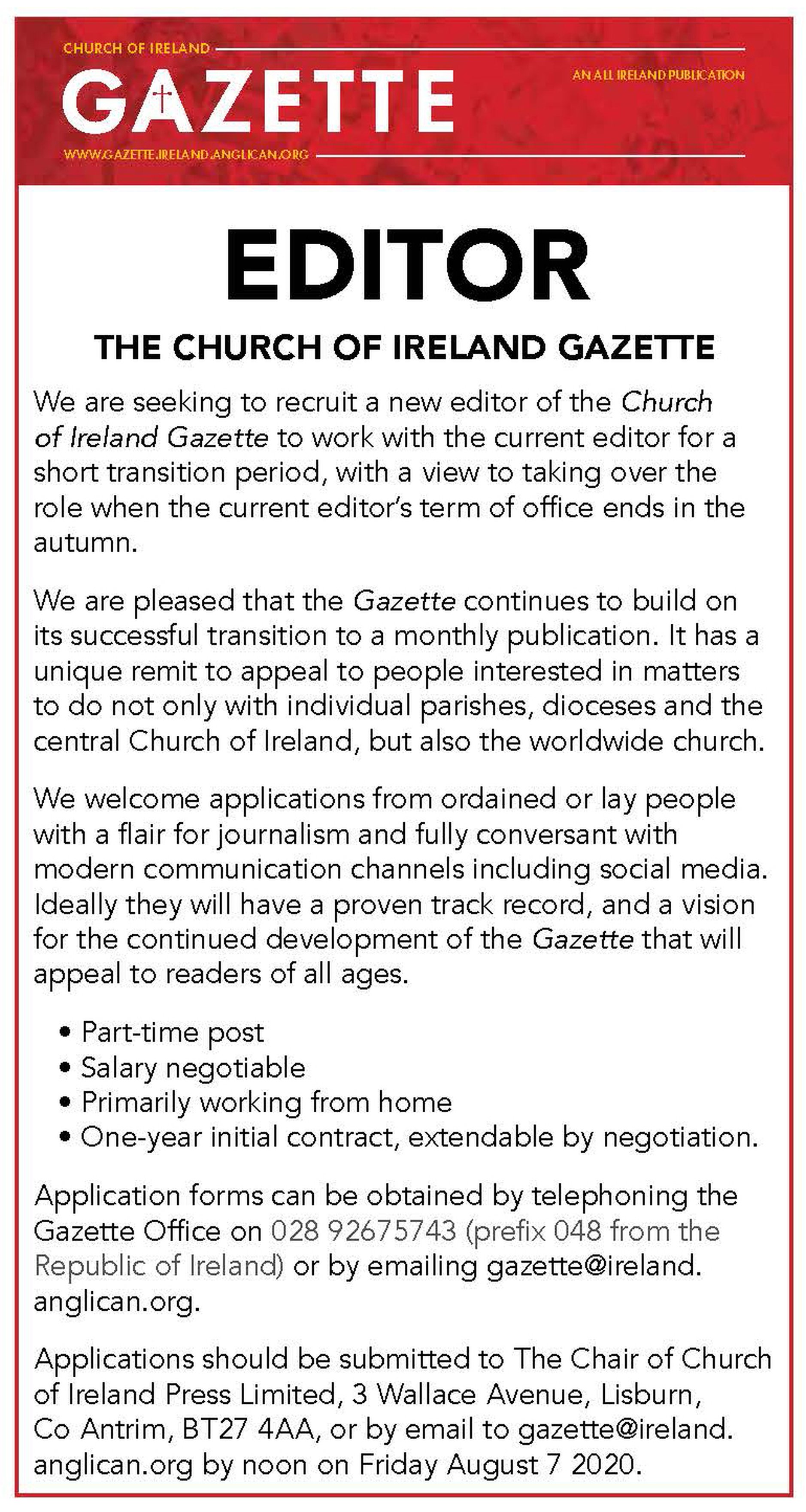 Vacancy &ndash; Editor &ndash; The Church of Ireland Gazette