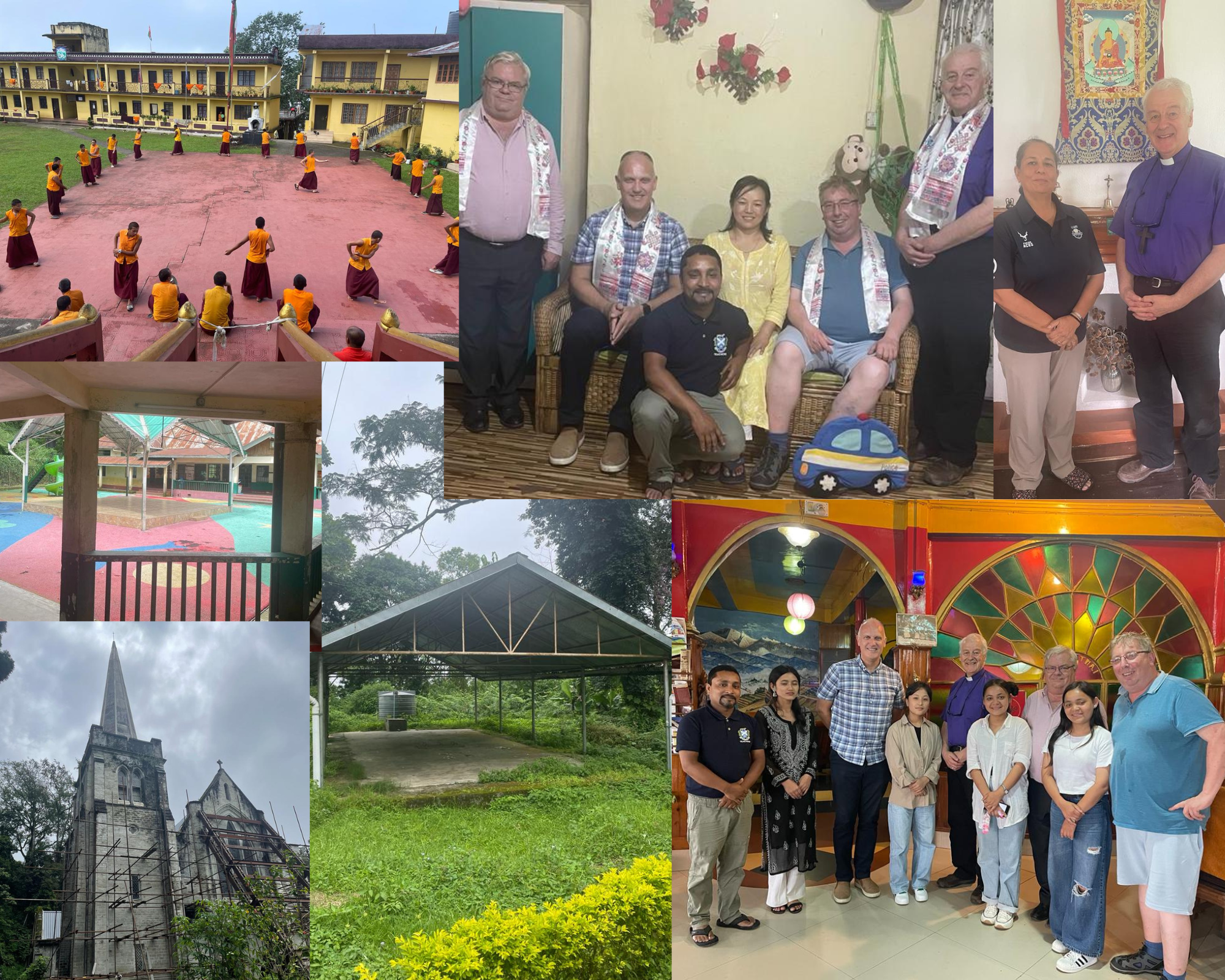 Clockwise from top left: Tibettan Monks exercising; the DUMCN contingent with their hosts; Pauline the chairperson of the Alumni Committee with the Archbishop; With the students sponsored by the Irish Committee; A water harvesting project funded by the Irish Committee; the School Chapel; A kindergarten playground funded by the Irish Committee.