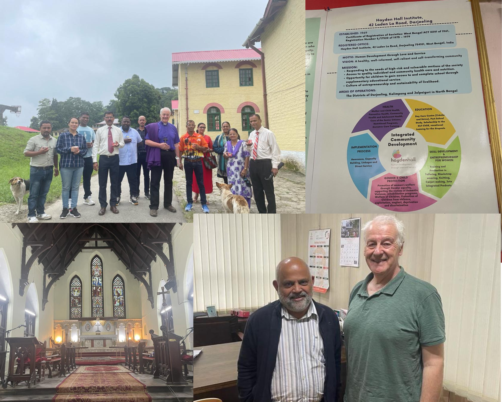 Clockwise from top left: After the Sunday Service in Dr Graham's Homes School; A chart of the values at Hayden Hall; Fr Paul de Sousa SJ with the Archbishop; St Andrew's Church, Darjeeling.