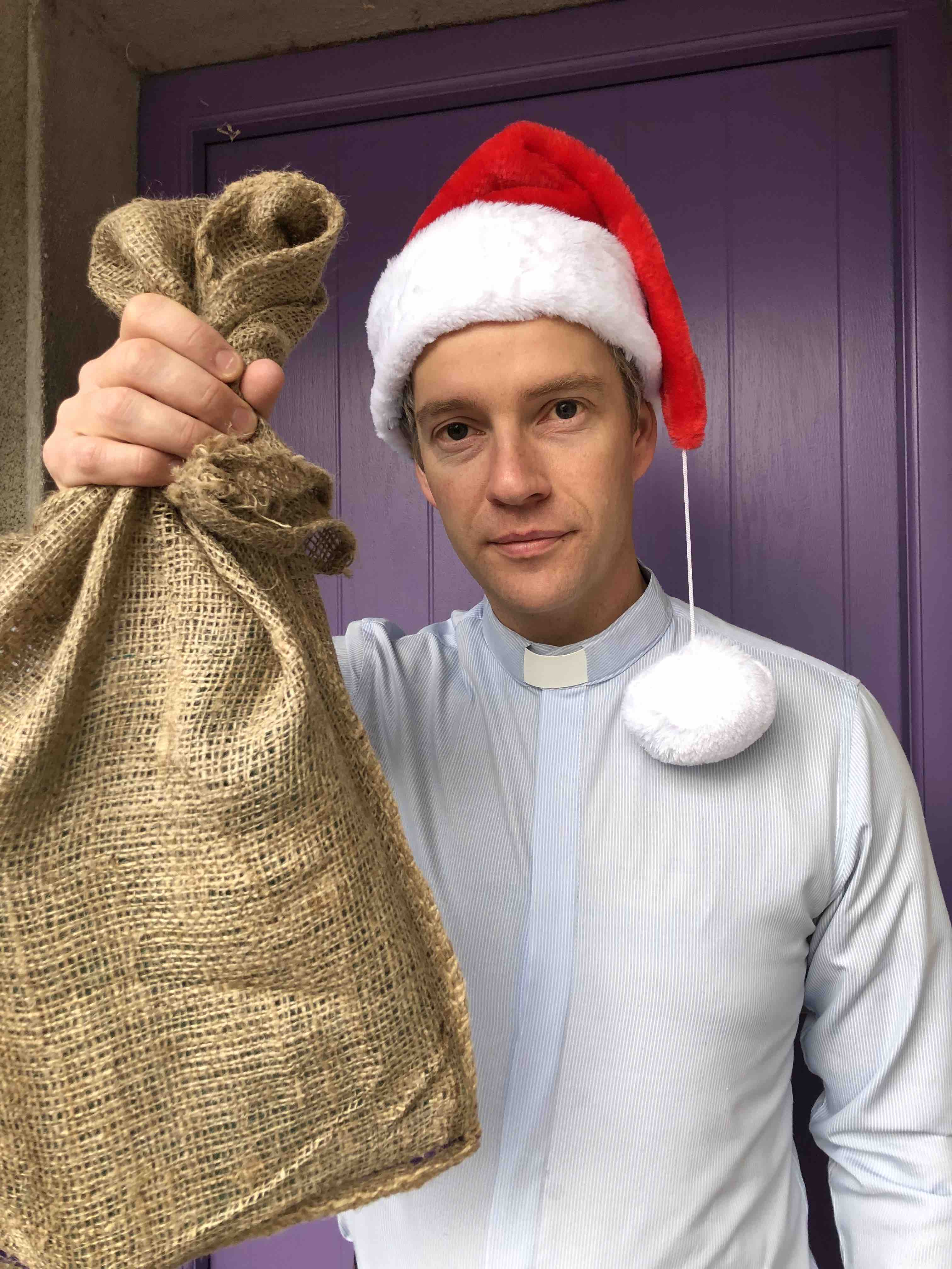 The Revd Jack Kinkead from Wicklow uses a sandbag instead of Christmas stocking.