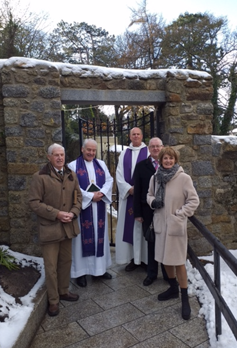 Jonathan Bewley, Archbishop Michael Jackson, Canon Gary Hastings, Councillor Jim Gildea and Joan Millar at the new access gate at Holy Trinity Killiney.