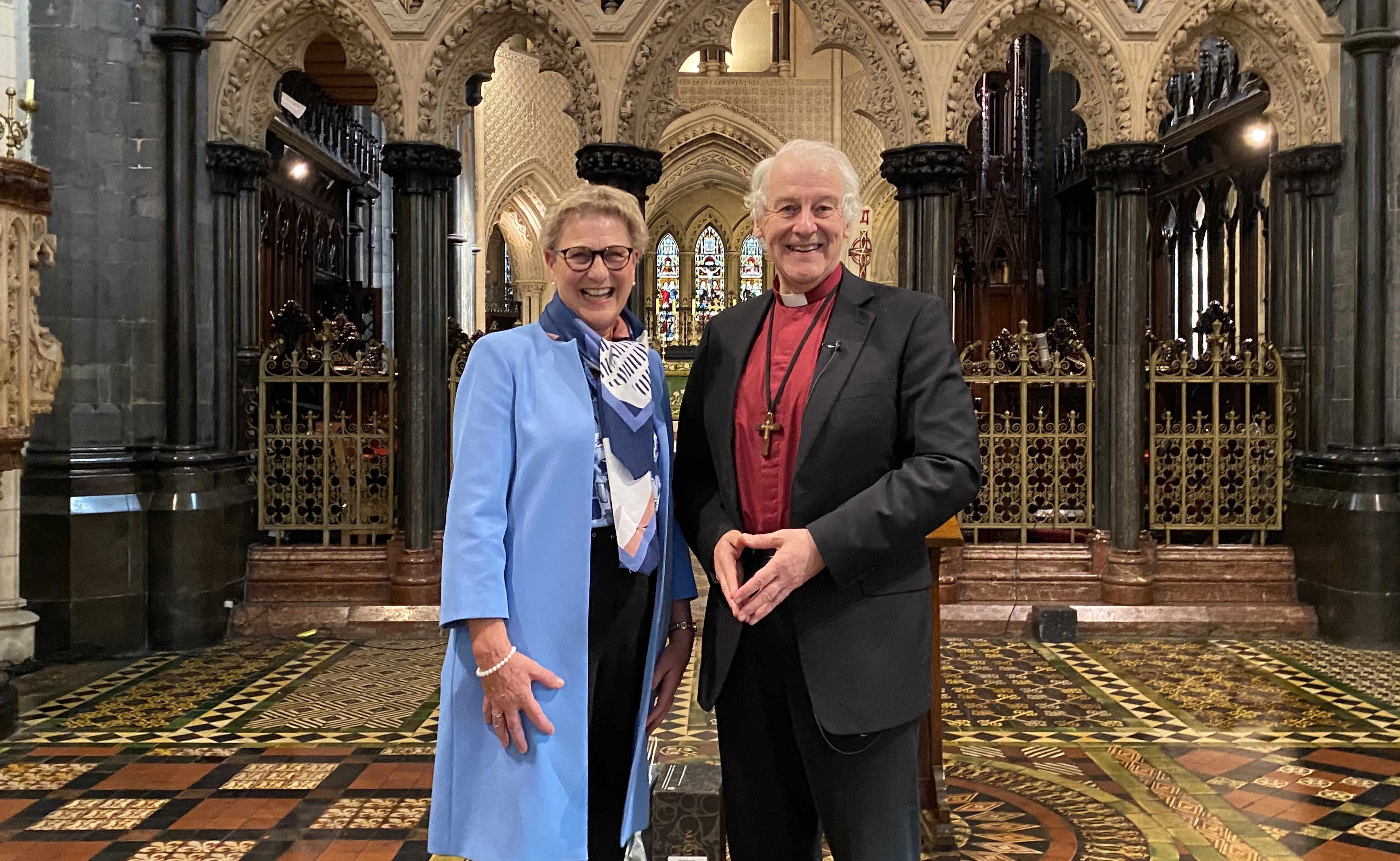 Sylvia Heggie and Archbishop Michael Jackson in Christ Church Cathedral where he made a presentation to her.