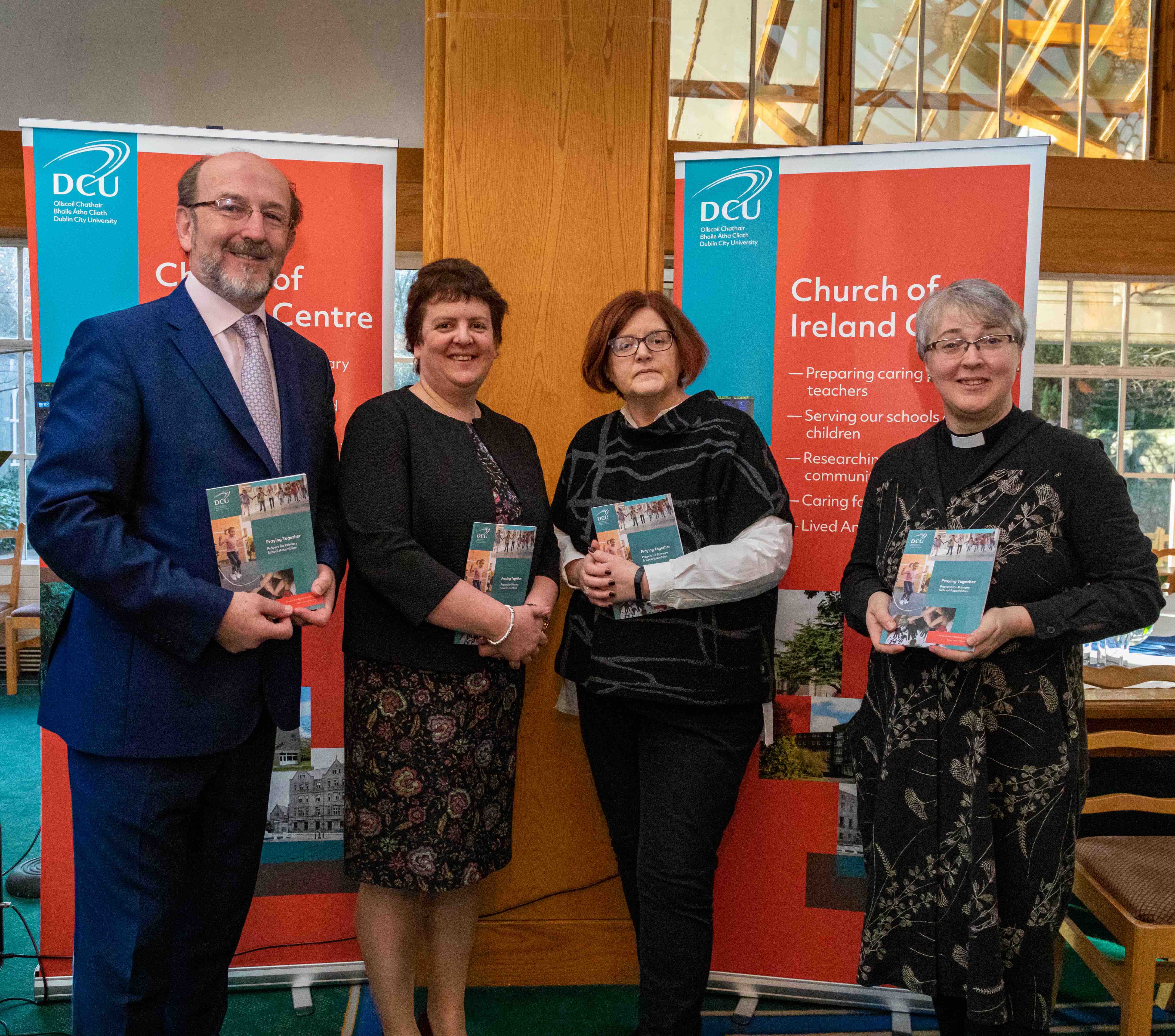 Prof Brian MacCraith, Jacqui Wilkinson (editor), Prof Anne Looney, Revd Prof Anne Lodge at the launch of Praying Together. (Photo Daire Hall/DCU)