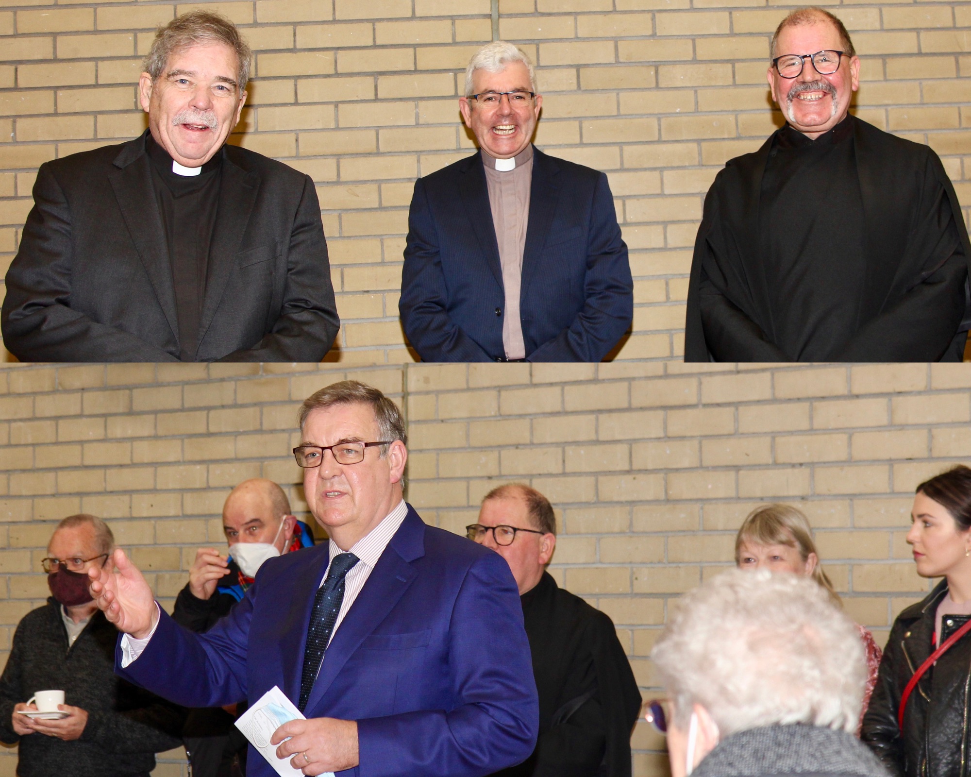 Top - A trio of Black Santas - the Revd Terry Lilburn priest in charge of St Ann's, Belfast's Black Santa Dean Stephen Forde, and Fred Deane who is the face of Black Santa in Dublin. Below - Bryan Dobson thanked the organisers of Black Santa on behalf of the charities.