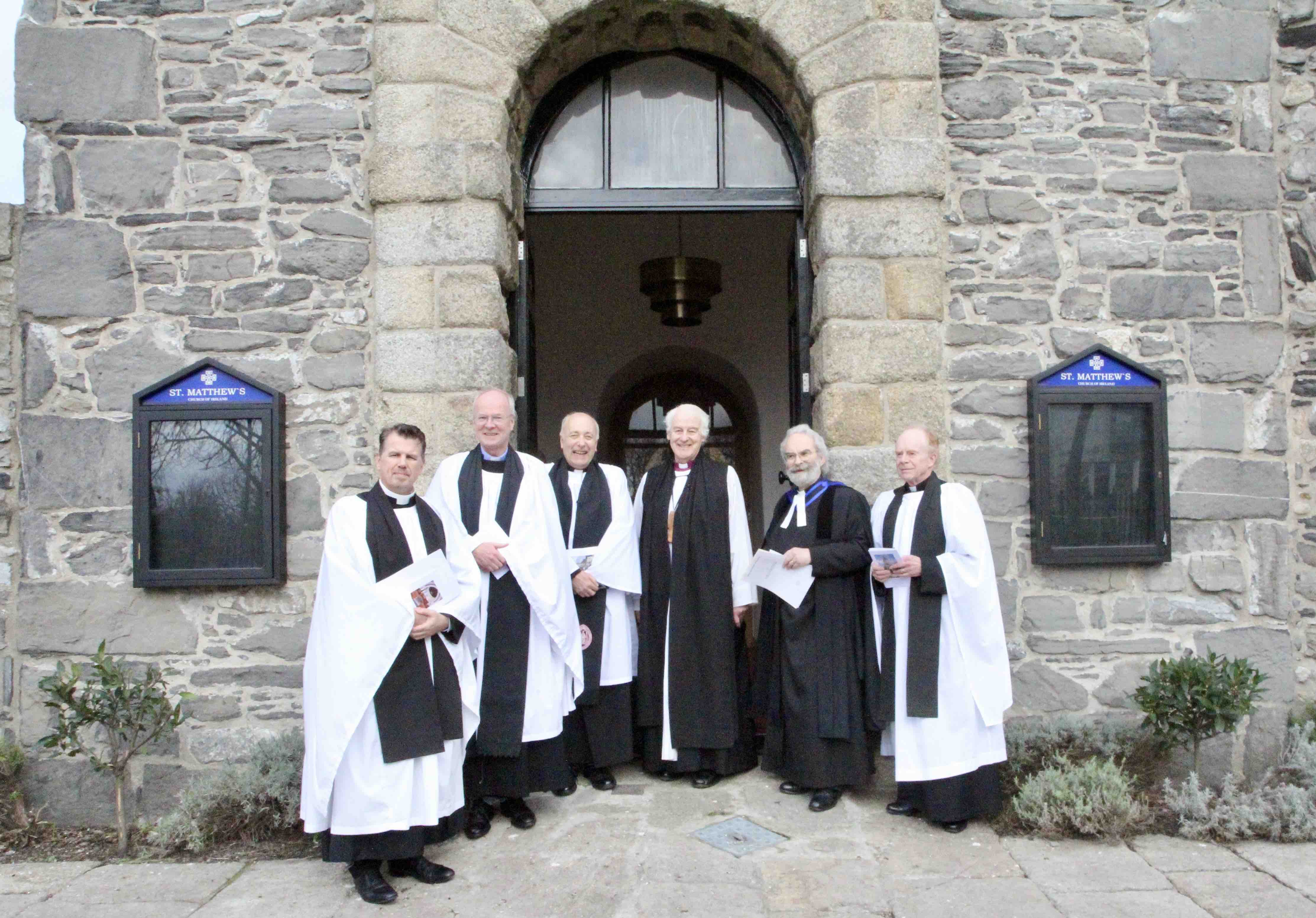 Deacon Intern the Revd Mathew McCauley, the Revd Niall Stratford, Canon Leonard Ruddock (Rector), Archbishop Michael Jackson, the Revd Robert Marshall (registrar) and the Revd John Marchant (previous Rector).