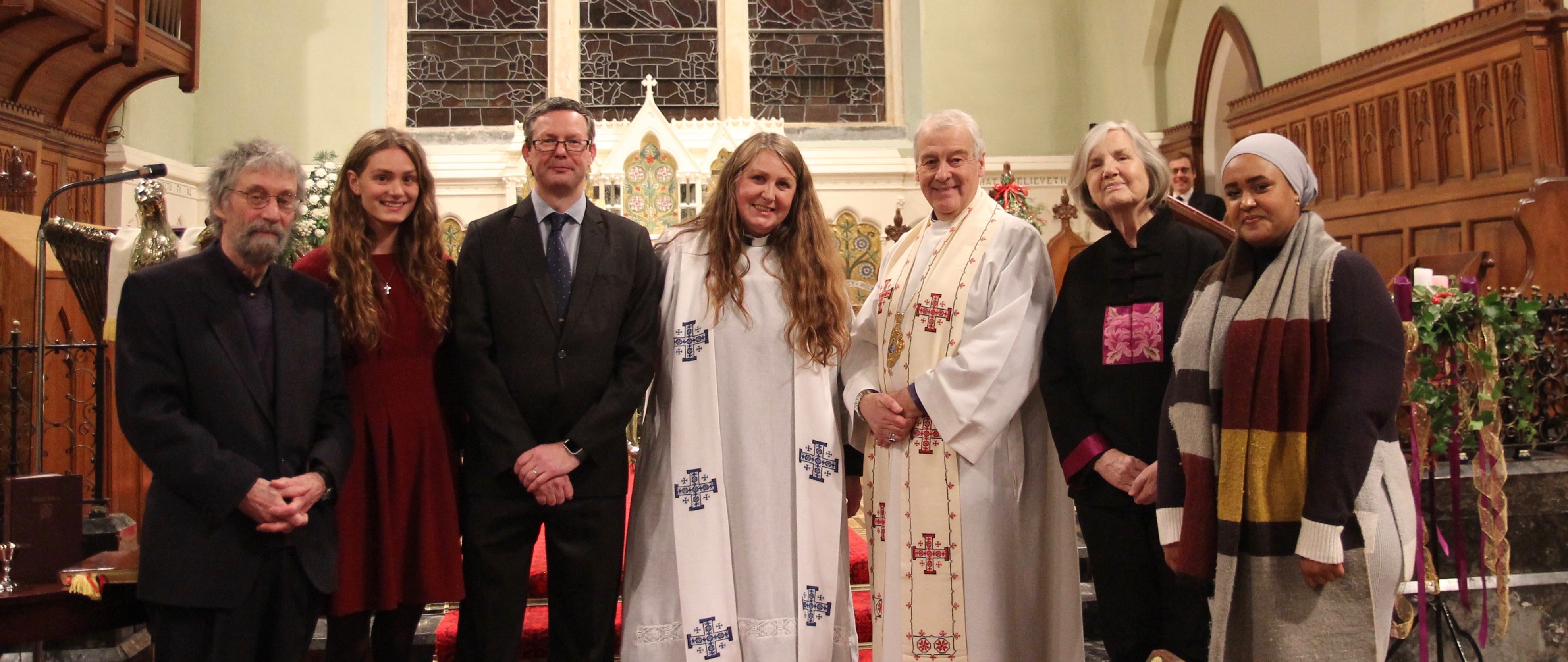 Petur Knutsson, Messiana Kristinsdóttir, Martin O'Hanlon, the Revd Ása Björk Ólafsdóttir O'Hanlon, Archbishop Michael Jackson, Messiana Tomasdóttir and Zuhur Muse at Ása's institution in Christ Church Dun Laoghaire.