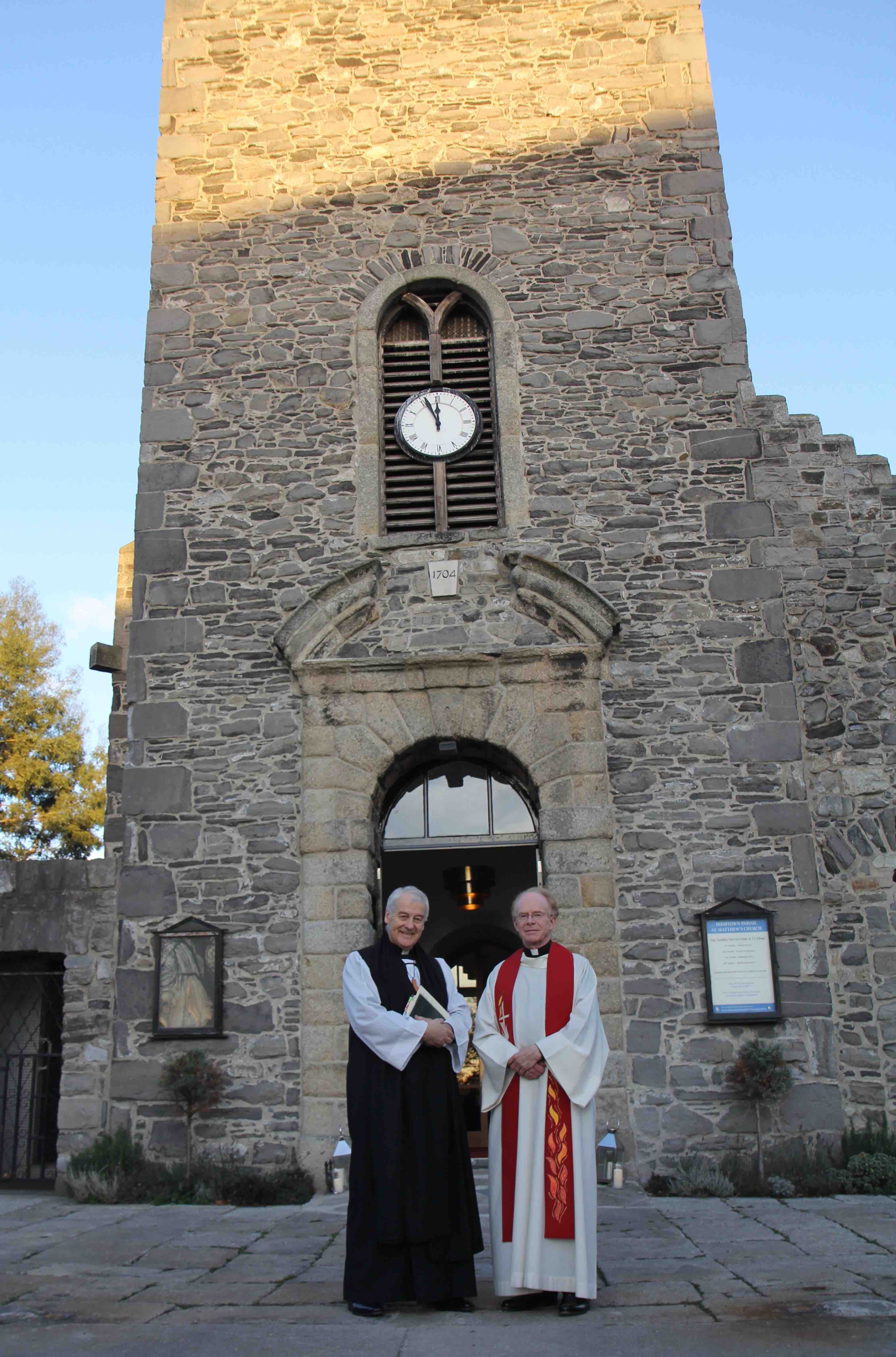 Archbishop Michael Jackson and the Revd John Marchant outside the newly reopened doors of St Matthew’s Church, Irishtown, in October 2018.