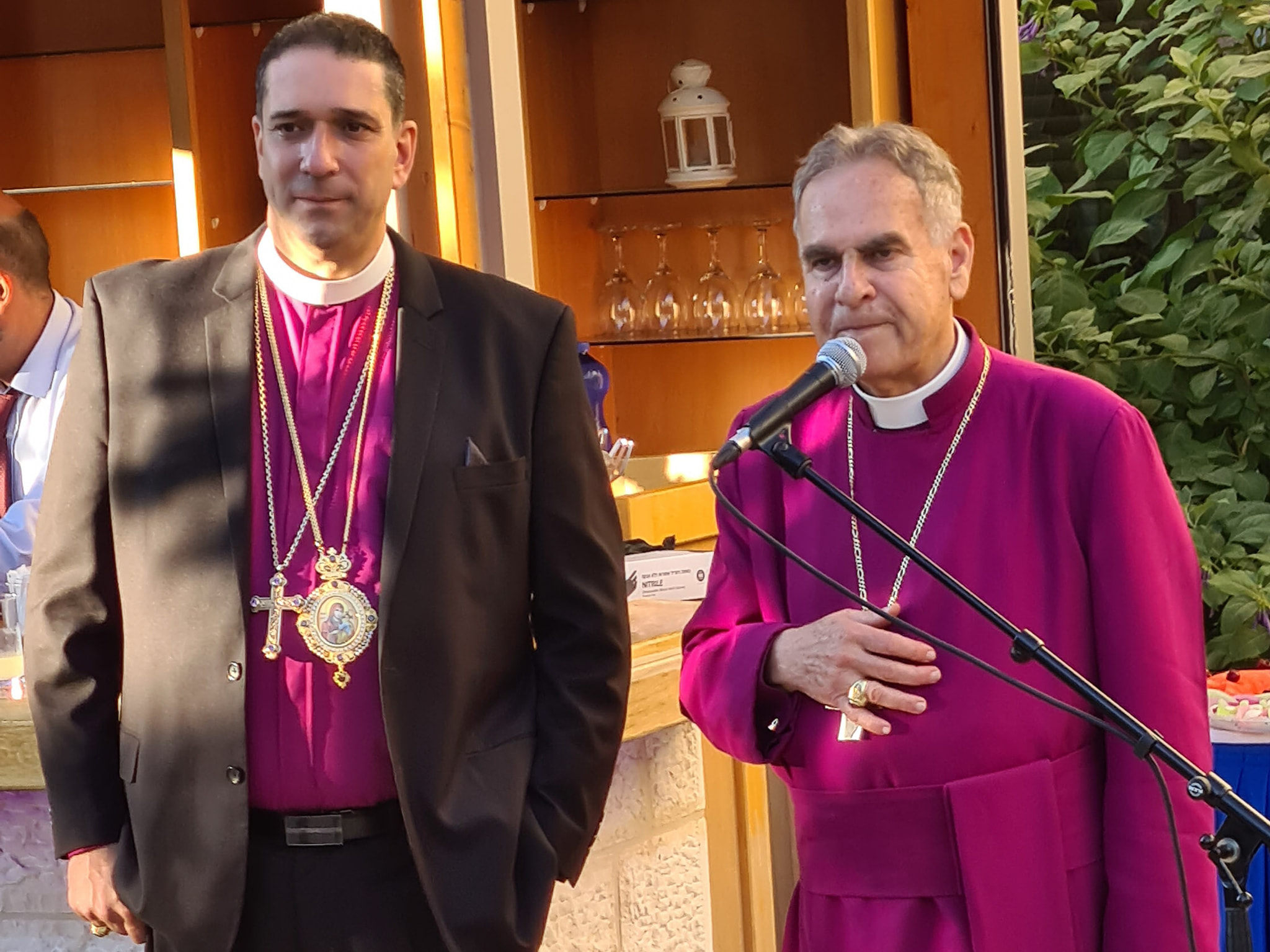 Archbishop Suheil greets Bishop Hosam at the reception after his consecration. (Photo: Diocese of Jerusalem)