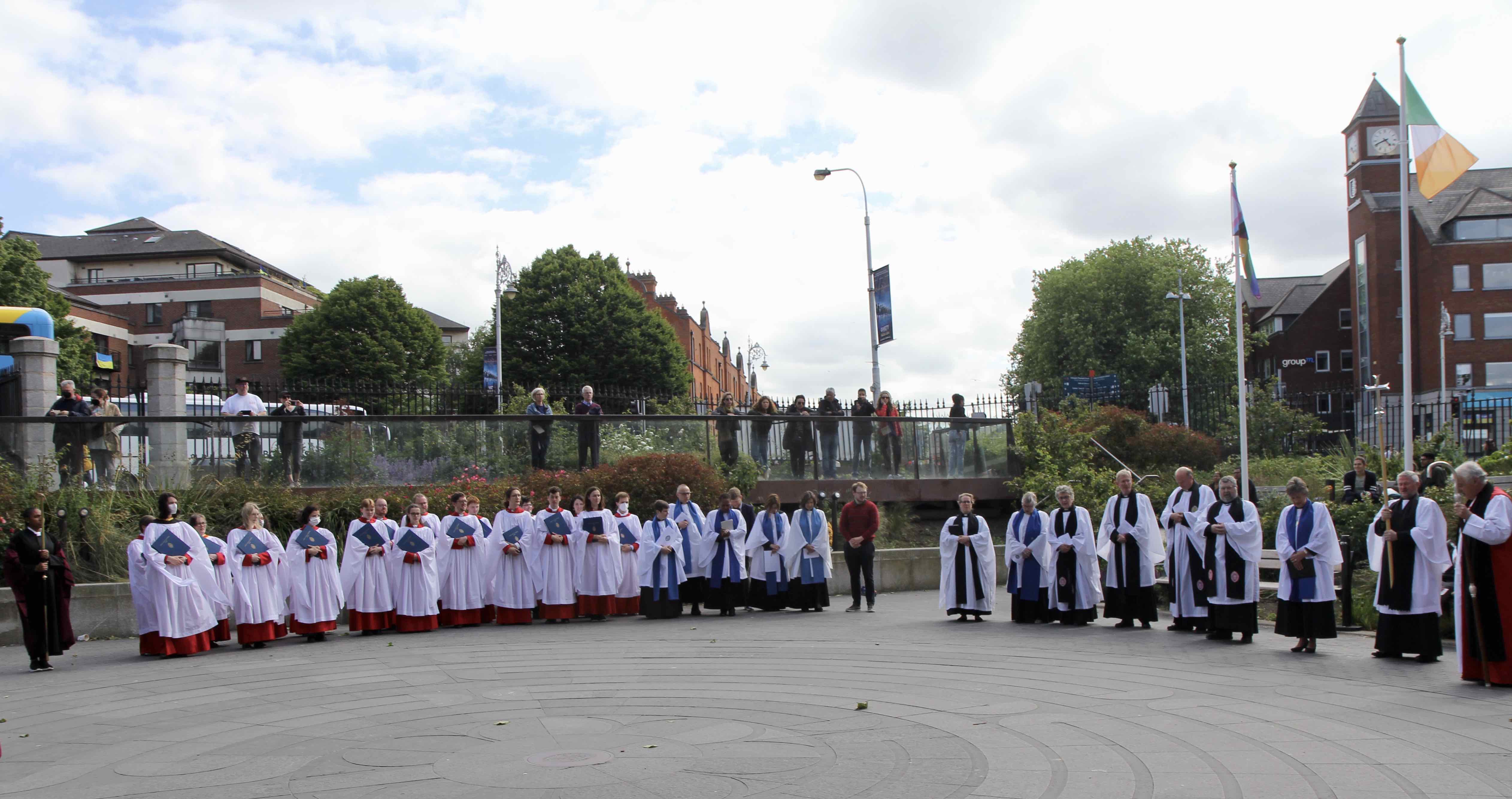 Choir, Readers and Clergy outside Christ Church Cathedral.