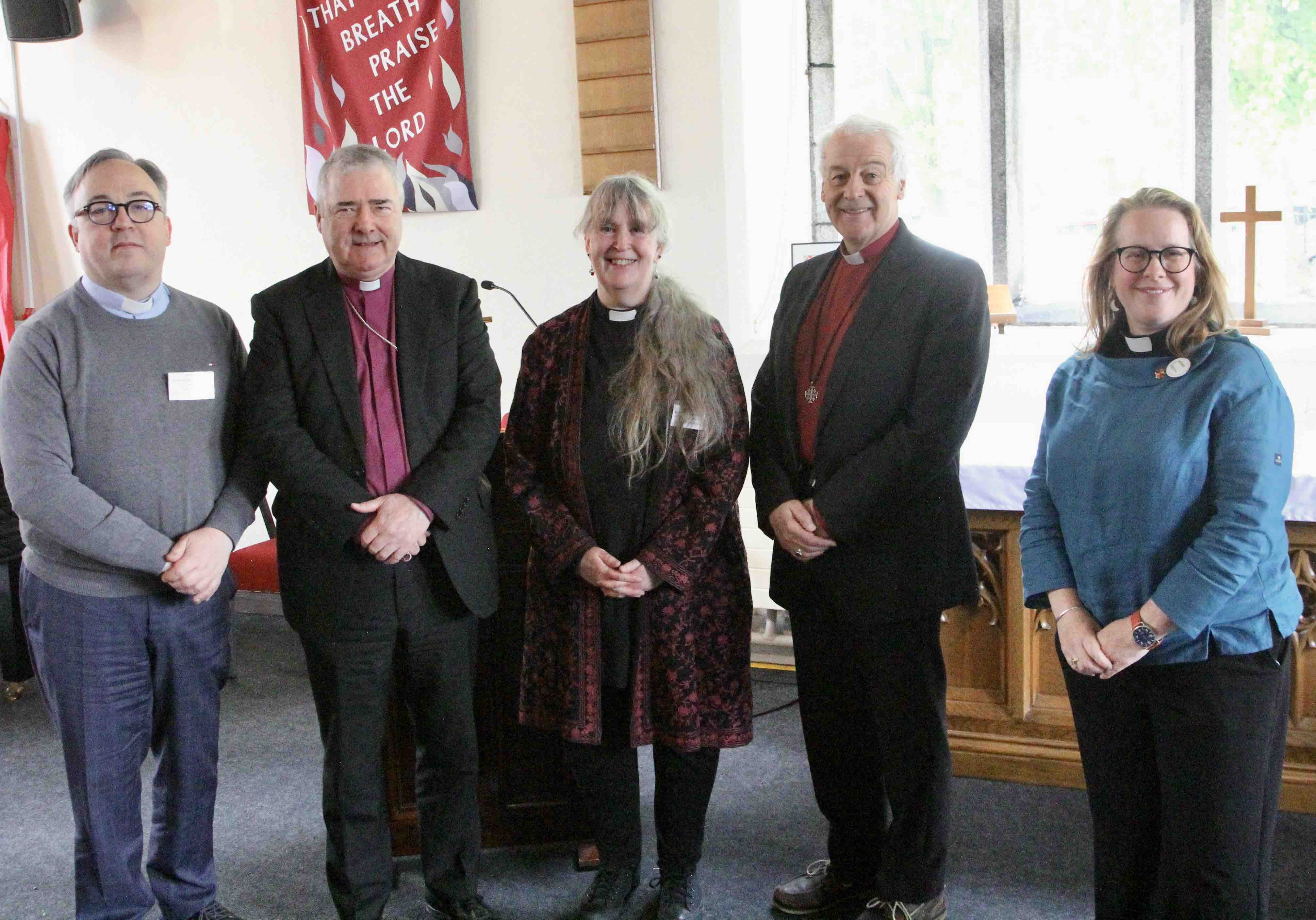 The Revd Andrew Dougherty, Archbishop Michael McDowell, the Revd Bonny Evans-Hills, Archbishop Michael Jackson and the Revd Abigail Sines.