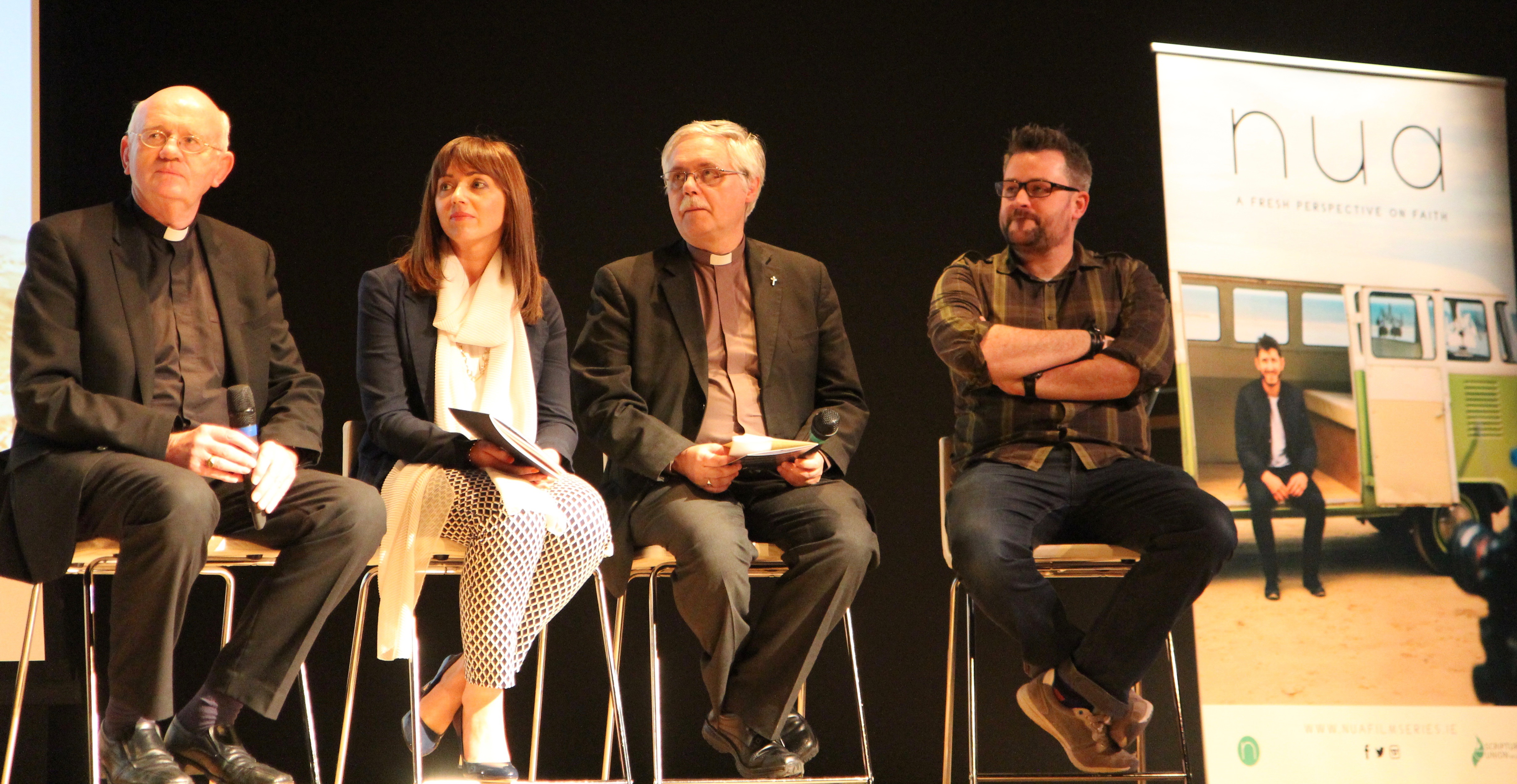 Bishop Eamonn Walsh, Anna Maloney, the Revd Ken Rue and Peter Rigney at the launch of the NUA Film Series in Gonzaga College.