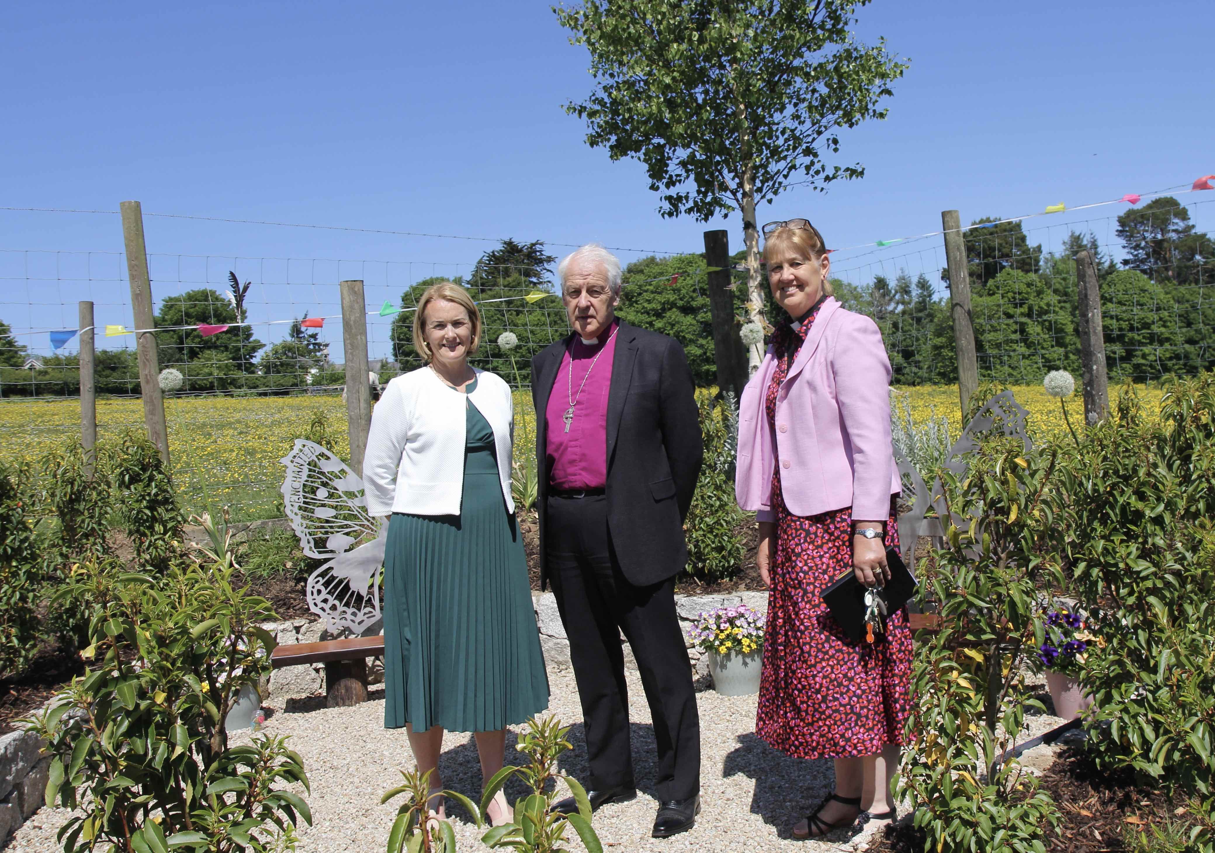Principal Antionette Doyle, Archbishop Michael Jackson and the Revd Suzanne Harris in Clodagh's Garden.
