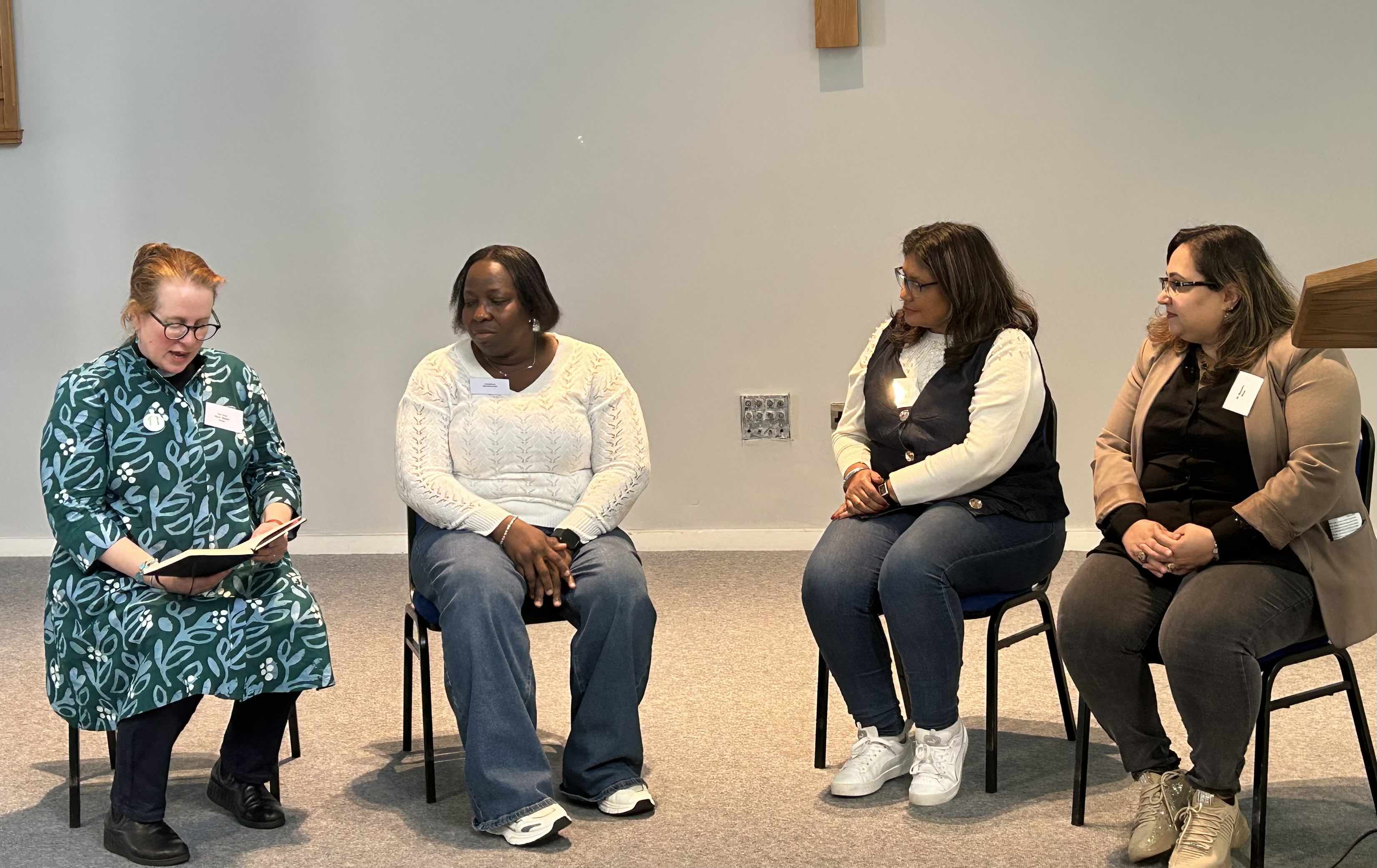 Dean Abigail Sines and Sanctuary Ambassadors Ade, Liz and Manizha.