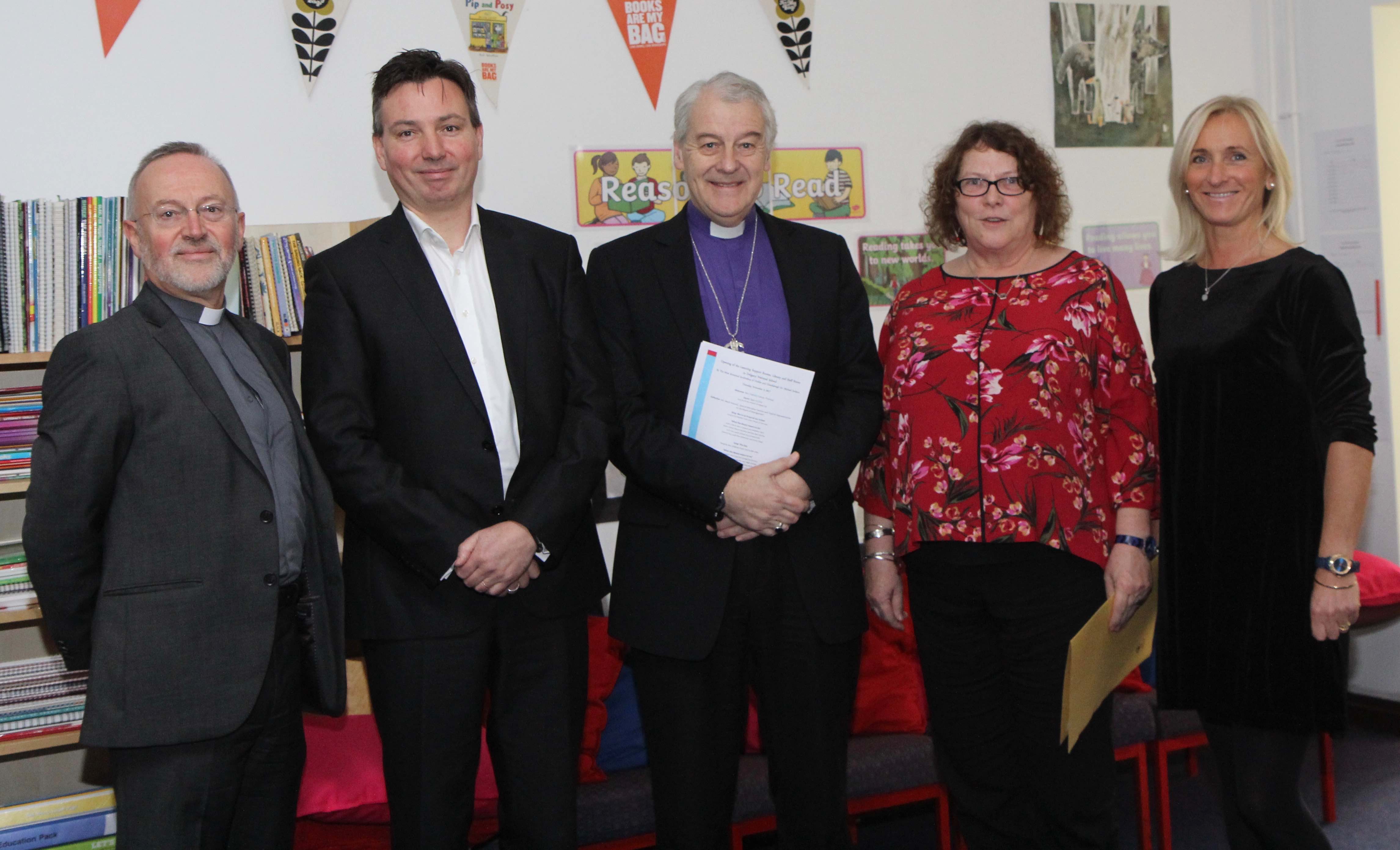 The Revd Nigel Waugh, architect Peter Oakes, Archbishop Michael Jackson, principal Patricia Conran and teacher Shirley Gilmore