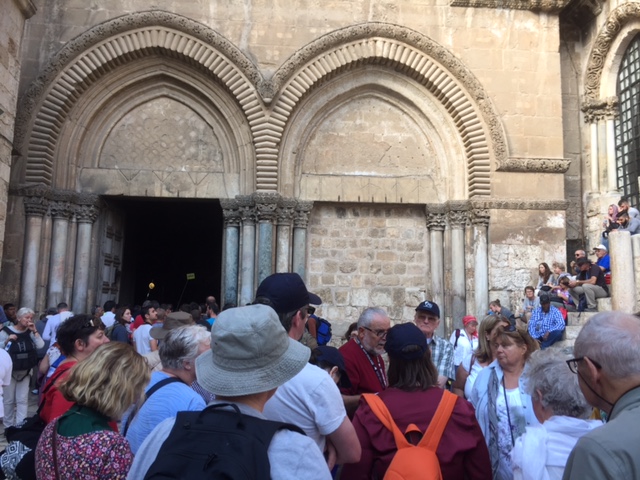 The D&G pilgrims surrounding their guide, Faraz in front of the Church of the Holy Sepulchre