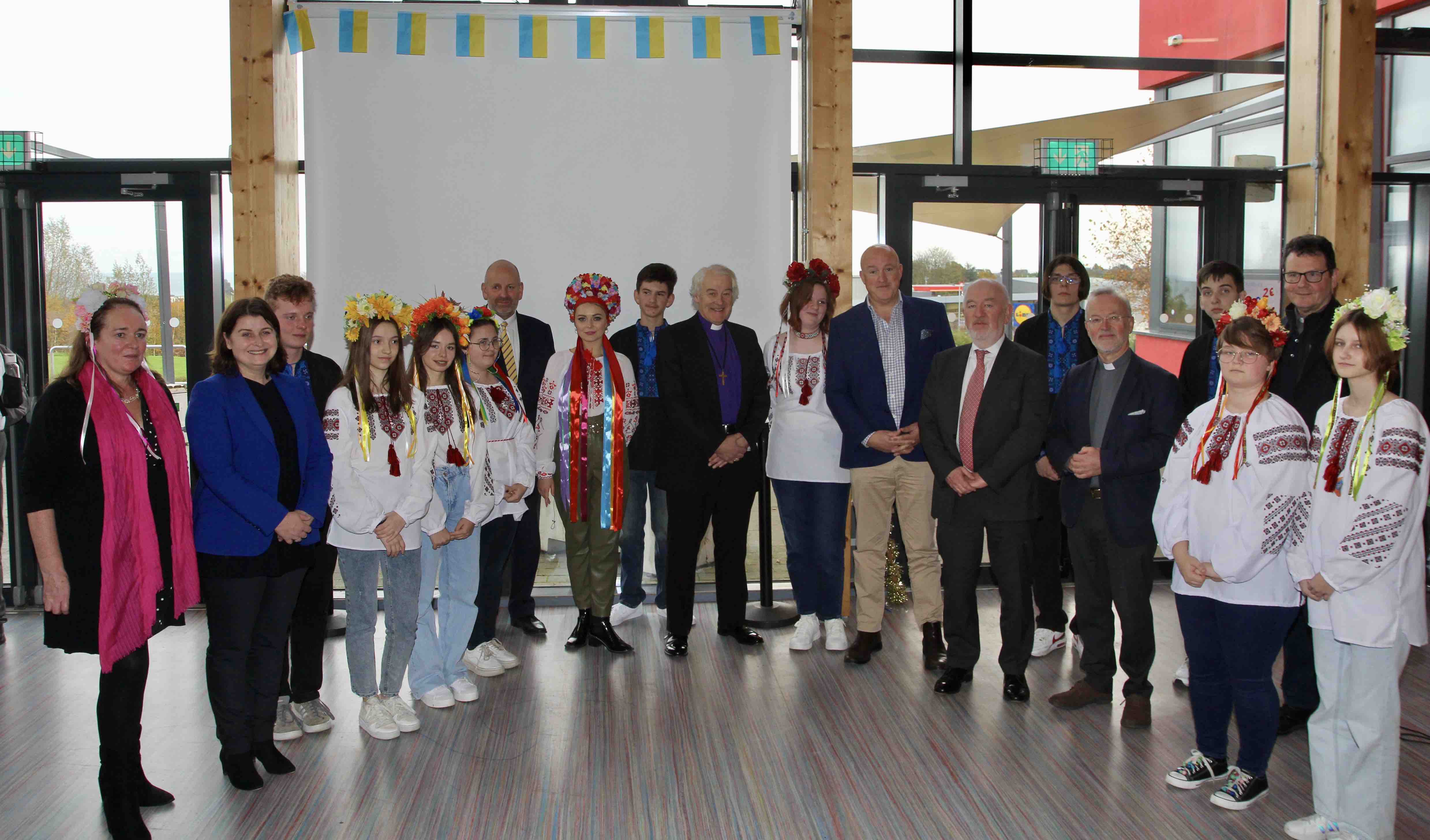 Ukrainian students at Temple Carrig School with the invited guests.