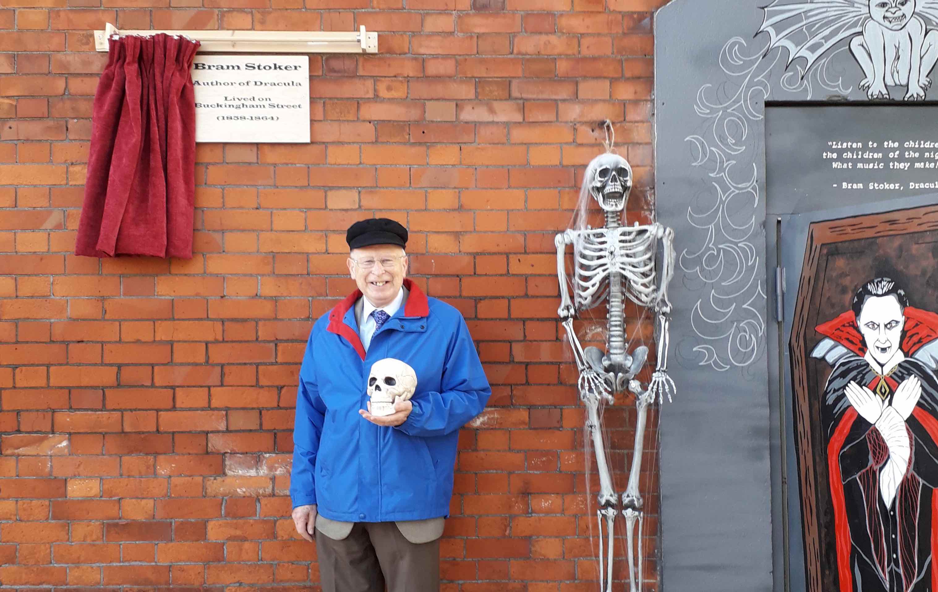 Douglas Appleyard at the newly unveiled Bram Stoker plaque on Buckingham Street.