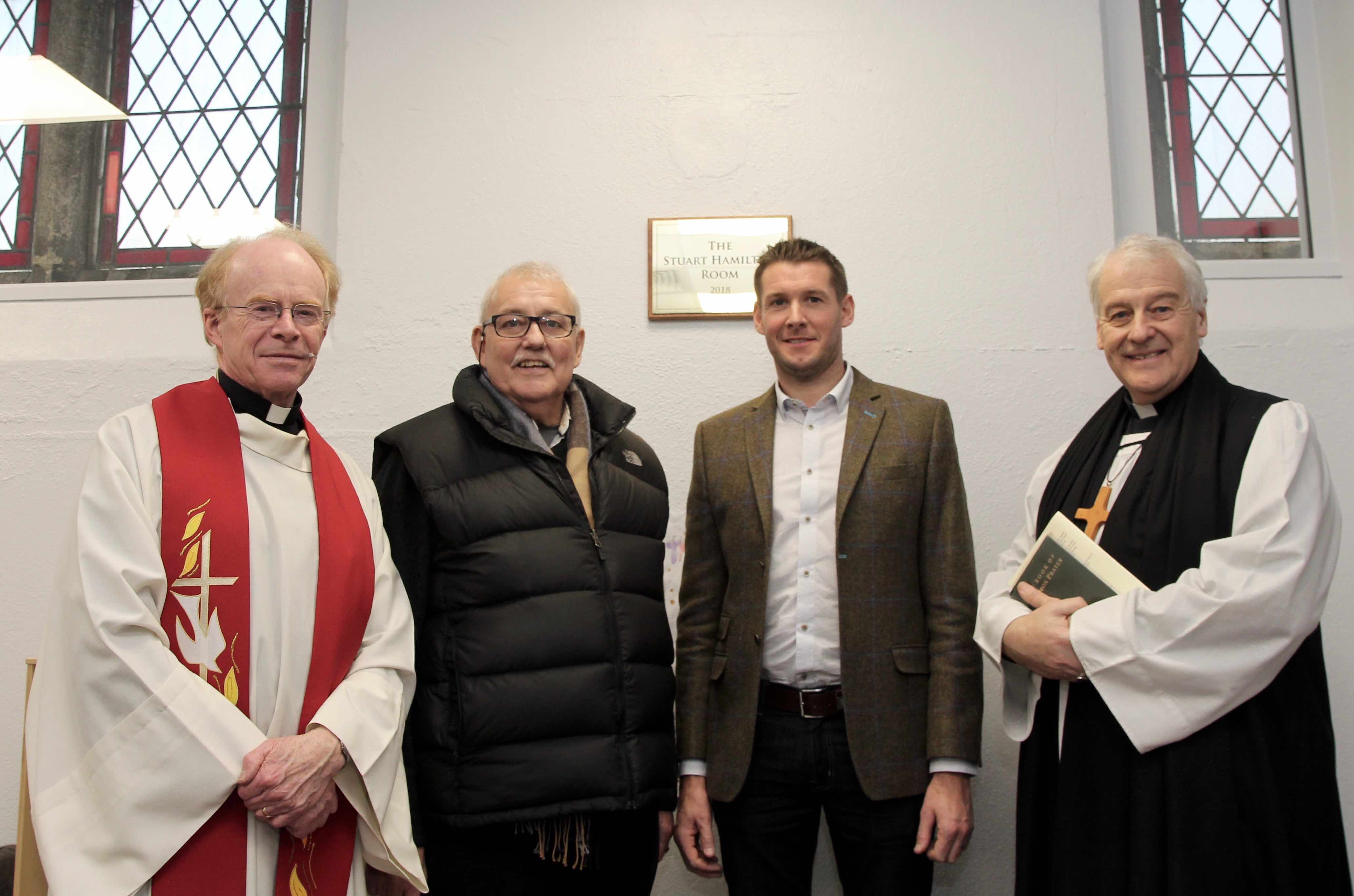 The Revd John Marchant, architect Stuart Hamilton, project manager Robbie Hamilton and Archbishop Michael Jackson in the new Stuart Hamilton general purpose room in St Matthew's.