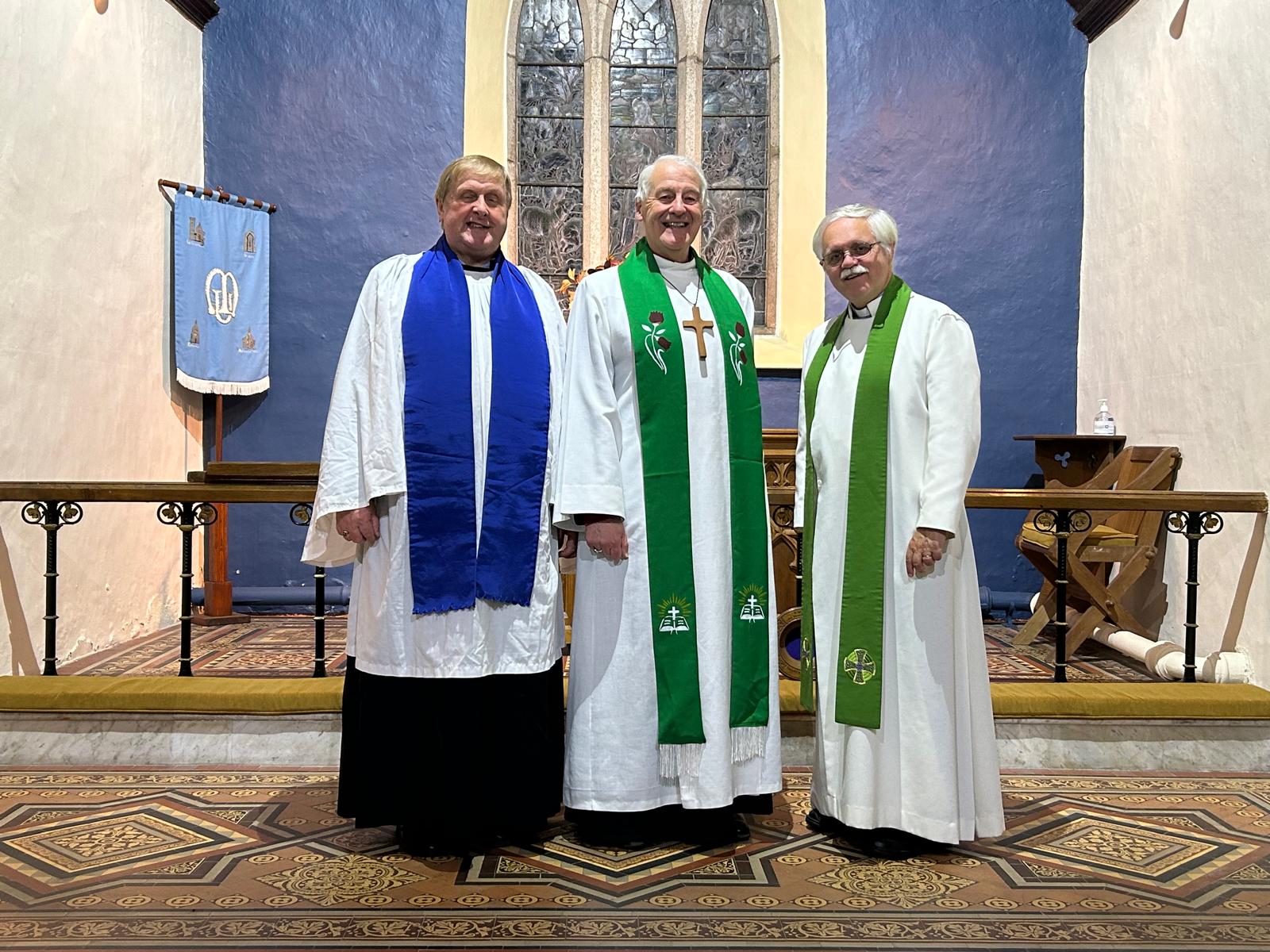 Lay Reader Philip Hendy, Archbishop Michael Jackson and the Revd Ken Rue at the Harvest Service in Timolin.