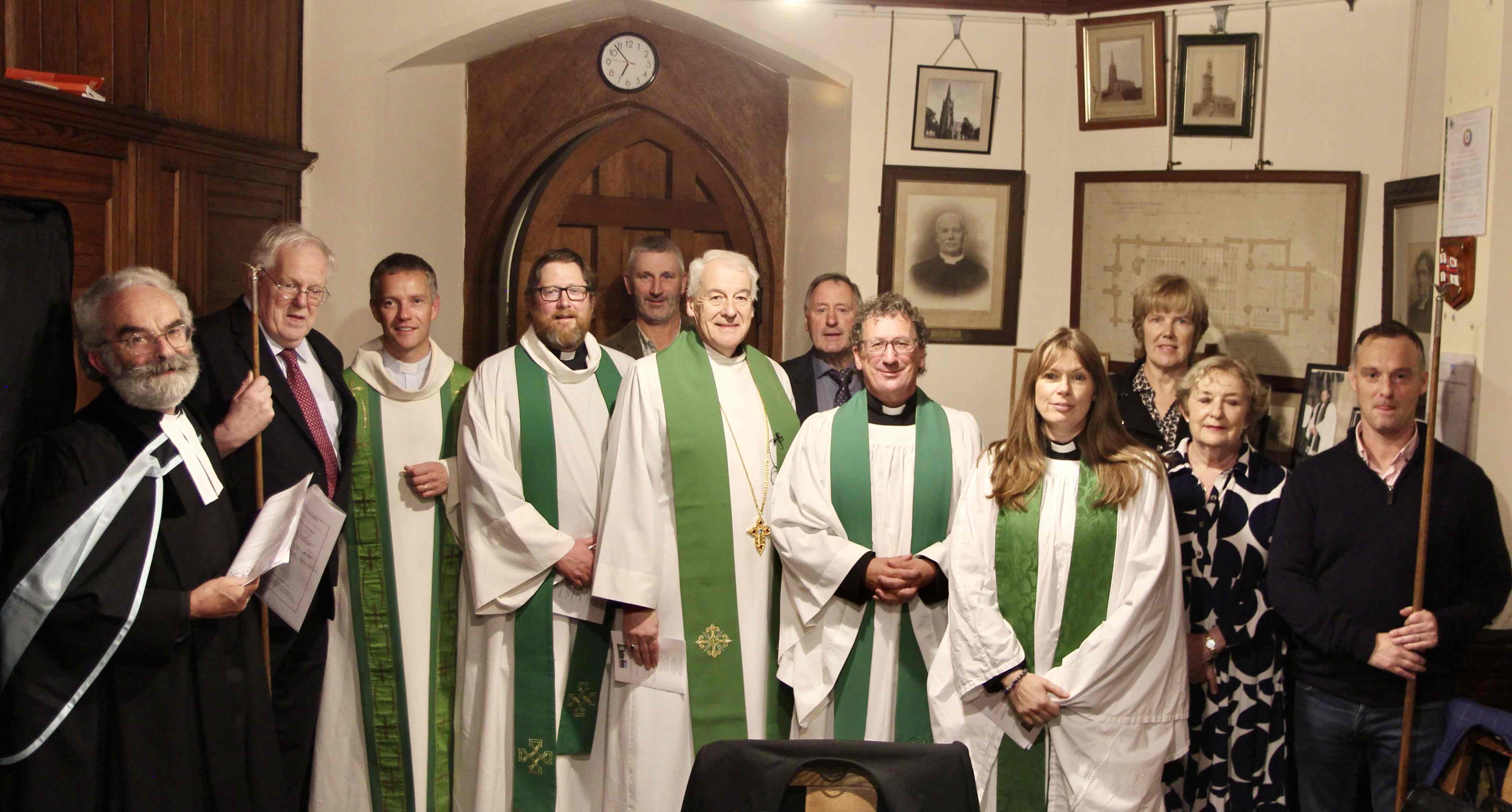 The Revd Alistair Doyle with the church wardens of Arklow, Inch and Kilbride, Archbishop Michael Jackson, the preacher the Very Revd Lynda Peilow, Archdeacon Ross Styles, the Revd Jack Kinkead and the Revd Robert Marshall.