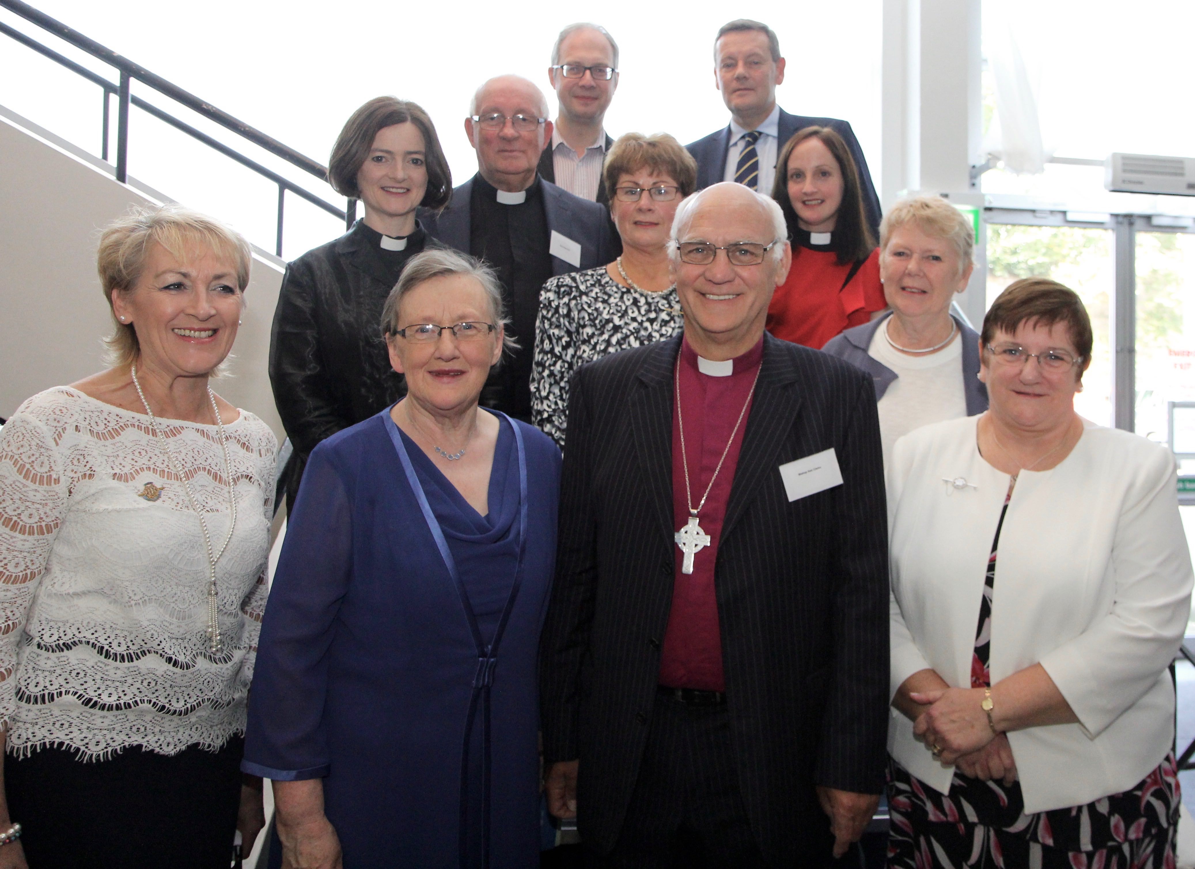 D&G MU President, Karen Nelson; All Ireland MU President, Phyllis Grothier; compere Bishop Ken Clarke; and Worldwide MU President, Lynne Tembey (front row) with organist and conductor Peter Barley and Mark Armstrong, harpist Anne Marie O'Farrell, Ann Walsh, the Revd Lindsey Farrell and Dean Raymond Ferguson.