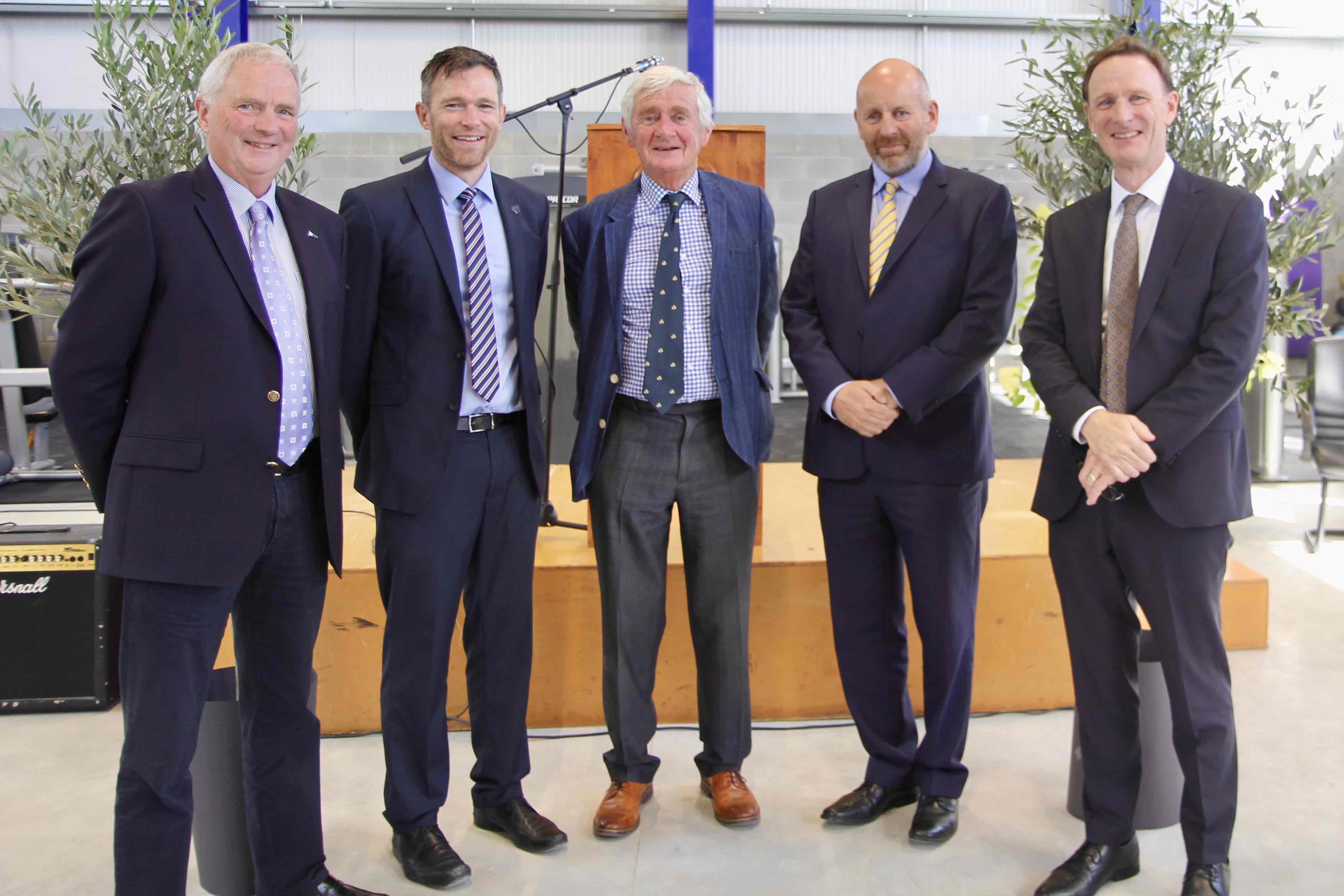 The four EGS principals, Peter Shearer, current principal Craig Petrie, Alan Cox and Christopher Woods with chairman of the board of management Geoffrey Perrin (Centre).