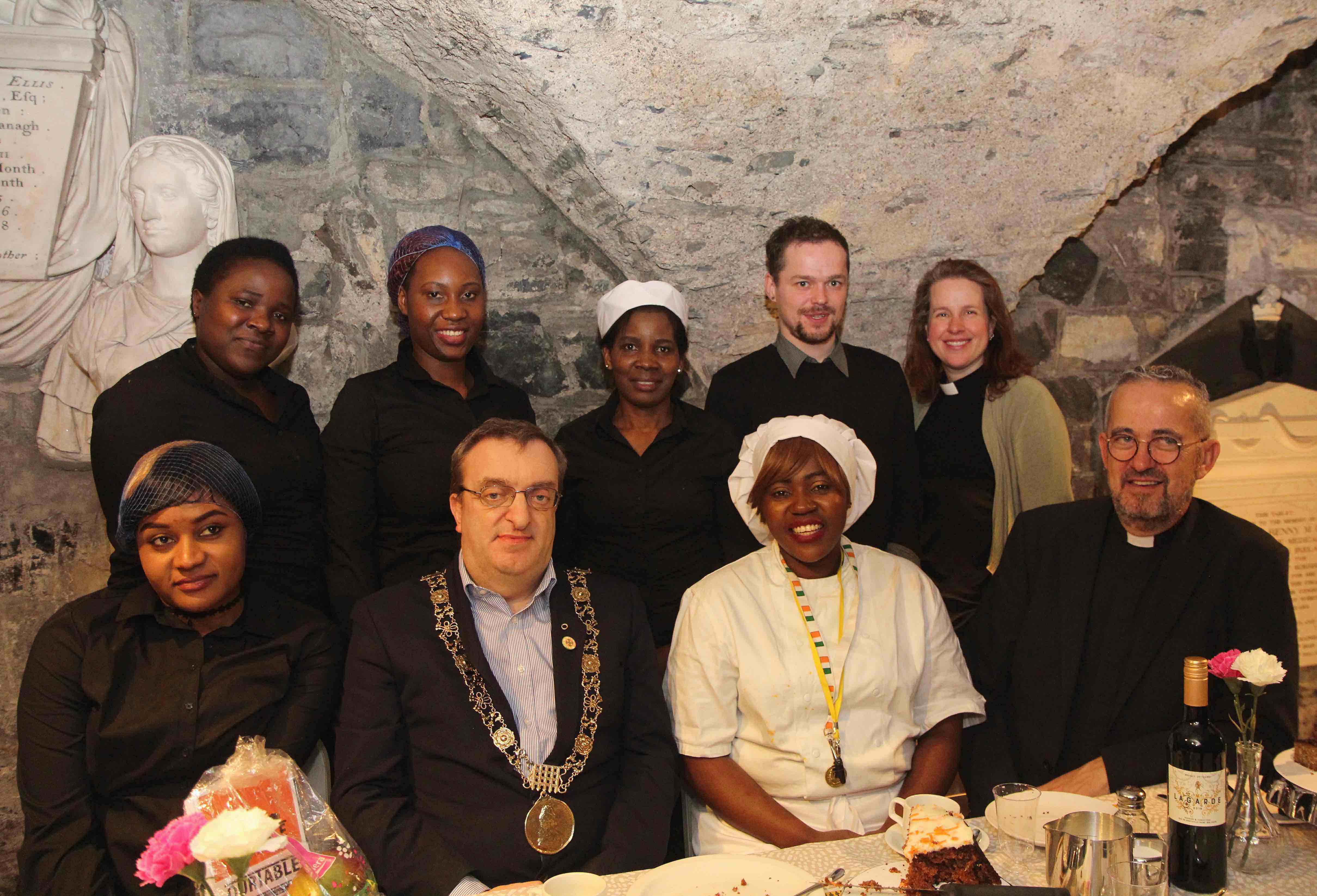 The Our Table Team with the Lord Mayor, the Dean and the Dean's Vicar during a visit to Christ Church Cathedral.